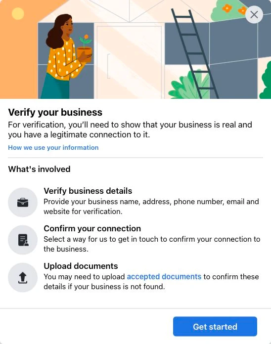 Meta’s Verify your business introduction: verify business details, confirm your connection and upload documents if requested, with a Get started button.