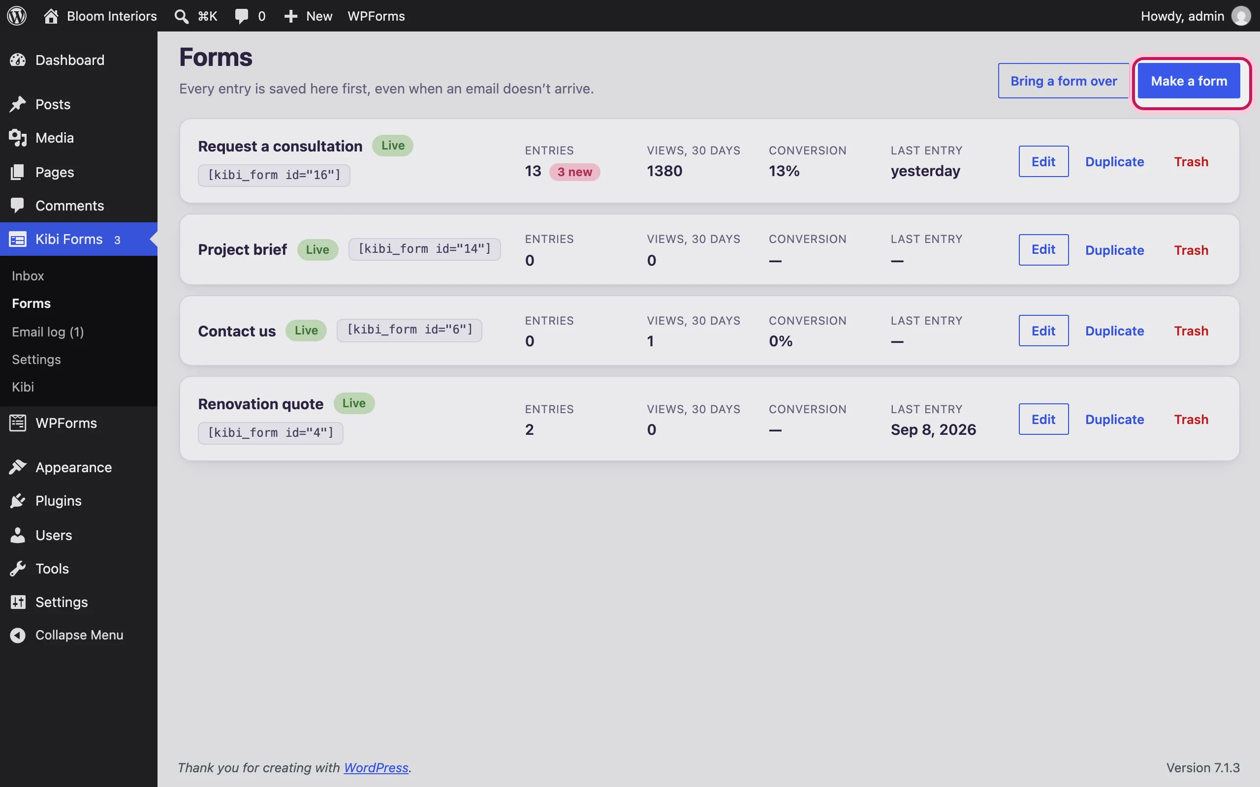 The Forms screen in WordPress with the “Make a form” button highlighted