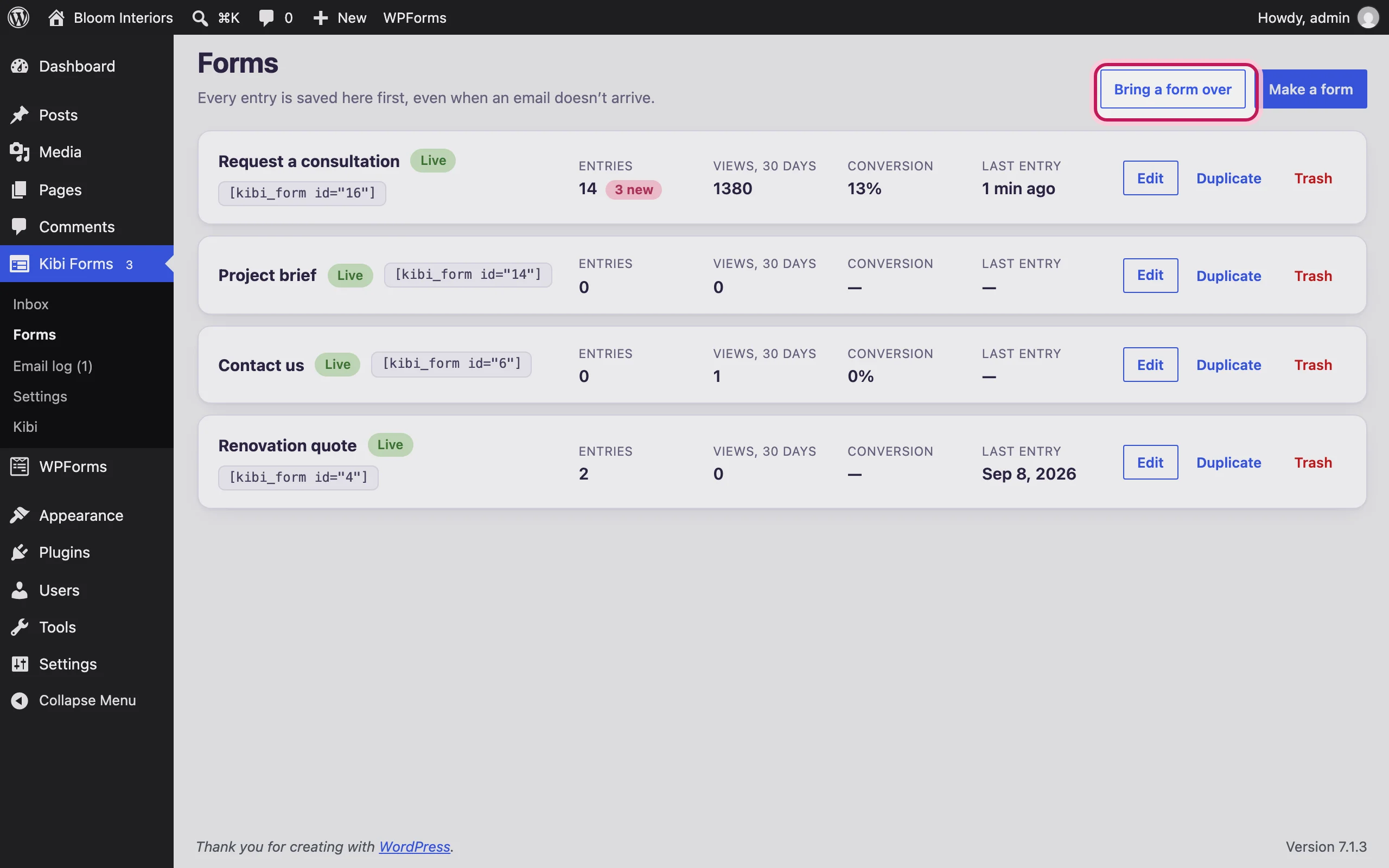 The Forms screen with “Bring a form over” highlighted