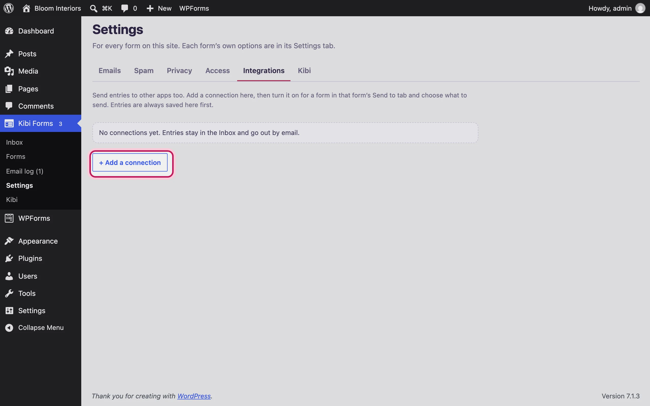Settings → Integrations with “Add a connection” highlighted