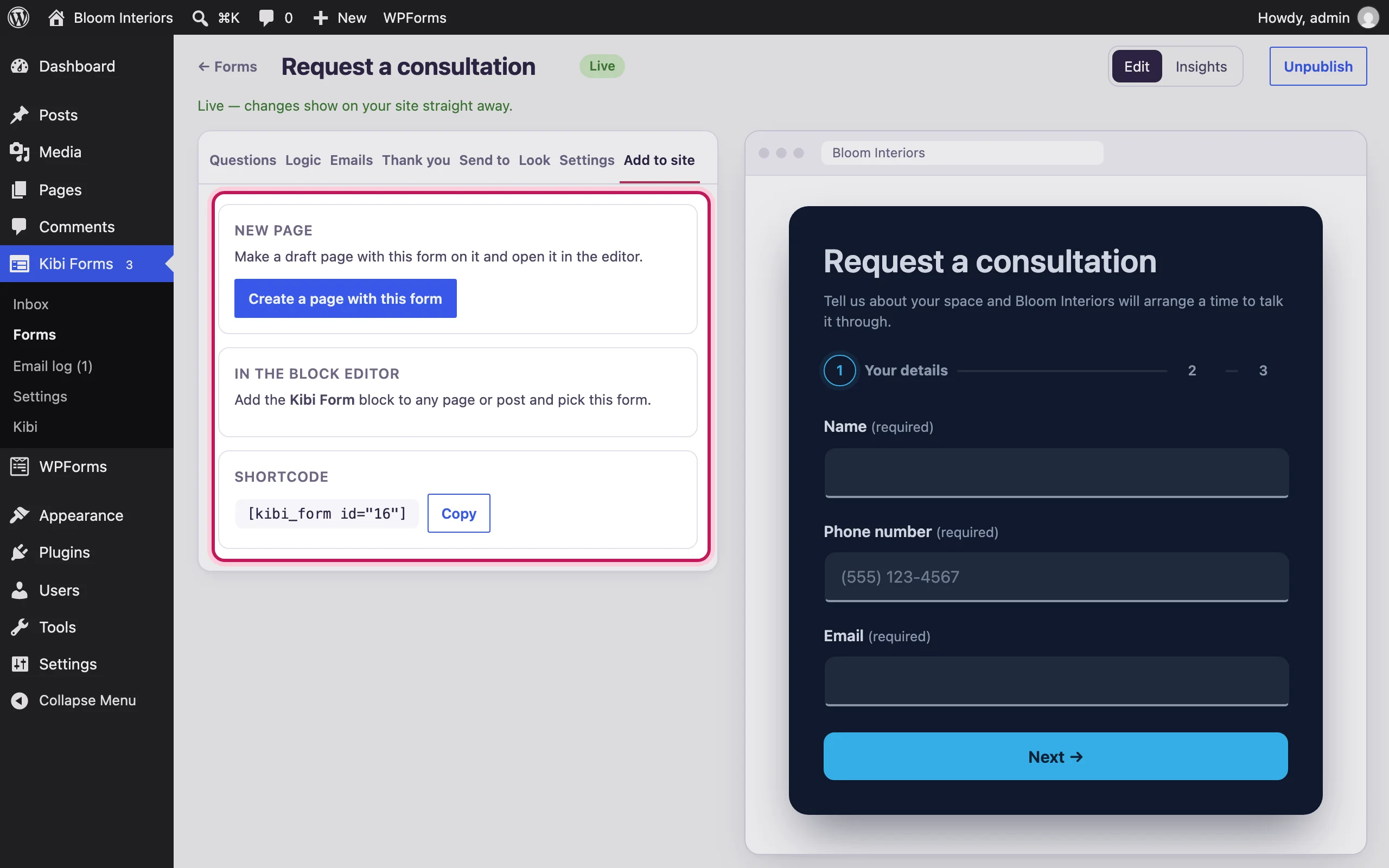 The “Add to site” tab of the builder with the page button and the shortcode