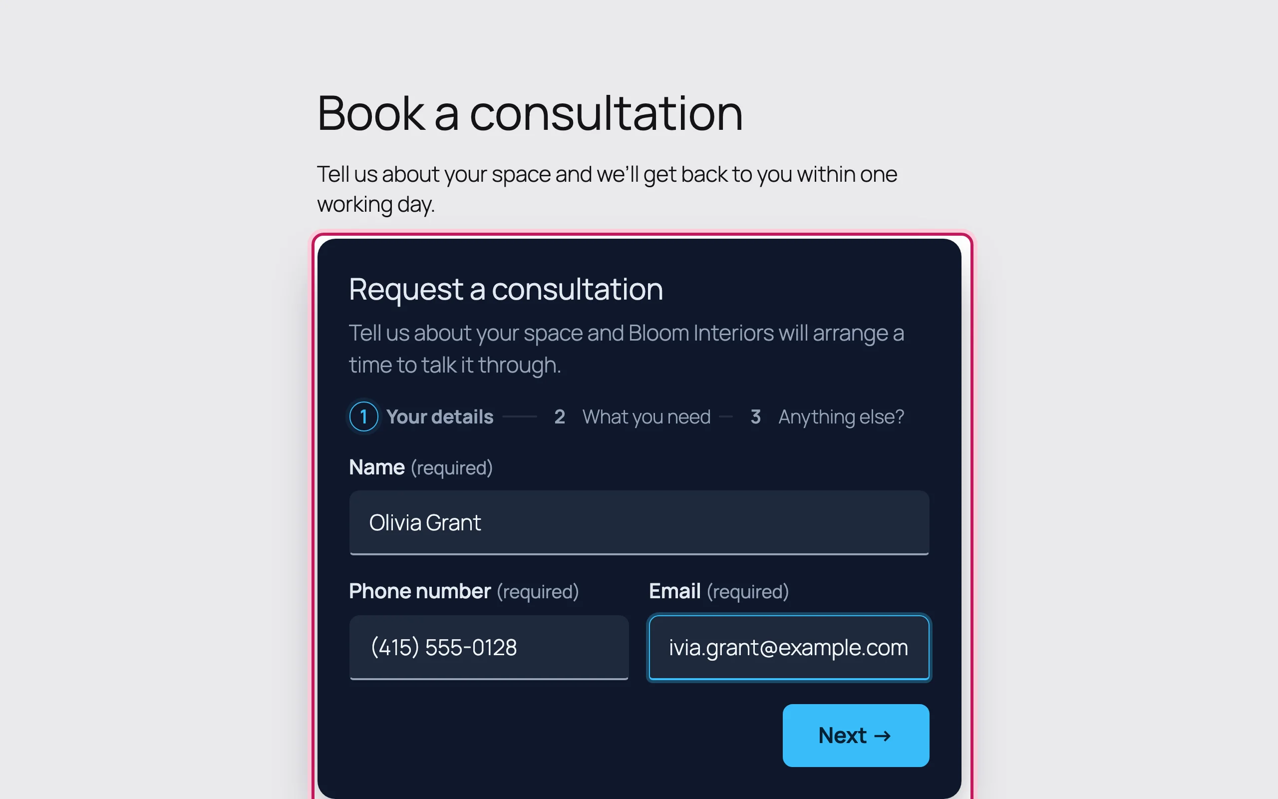A visitor filling in step 1 of the consultation form on the website