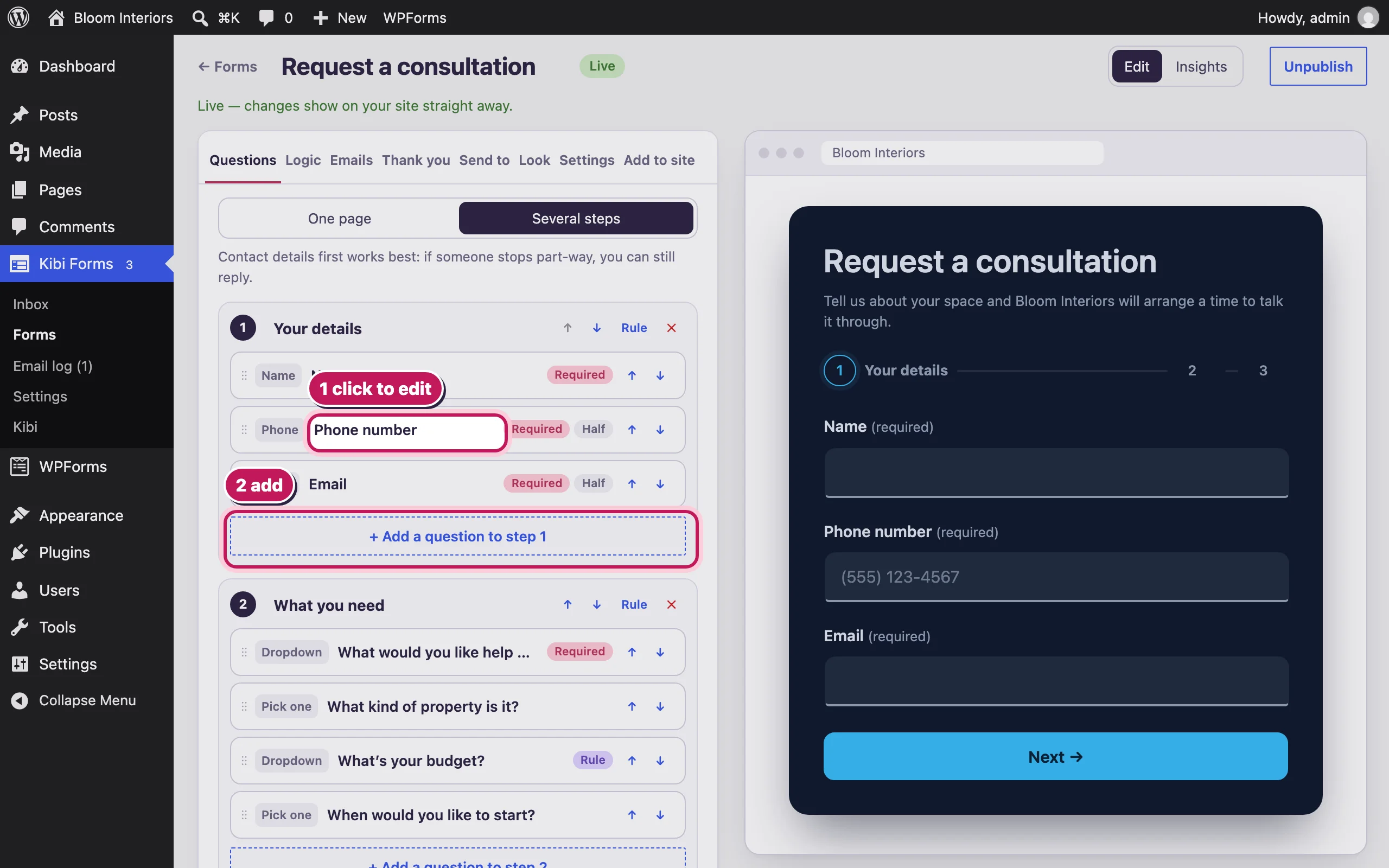 The Questions tab of the builder with the “Phone number” question highlighted