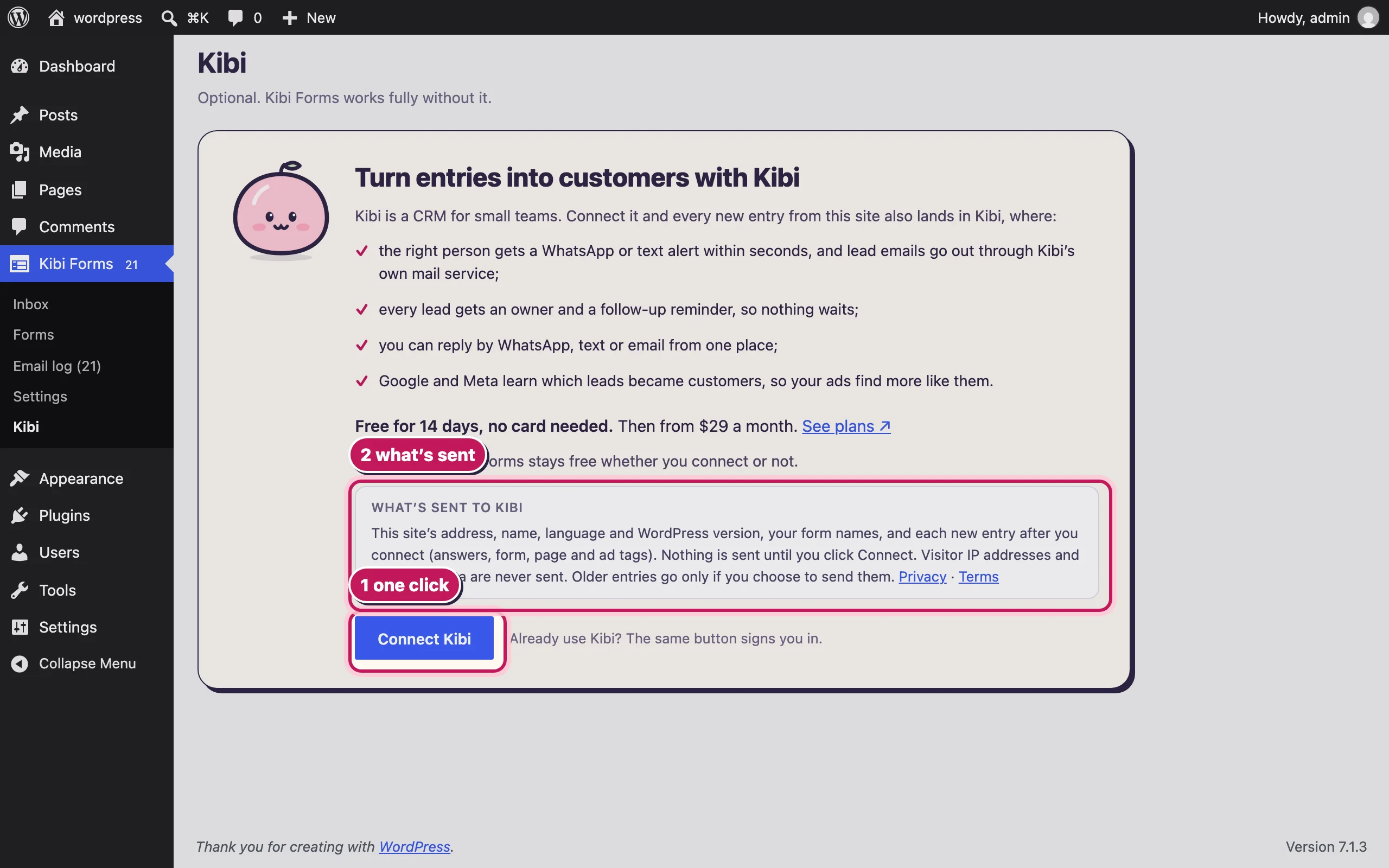 The Kibi page in the plugin explaining what Kibi adds, with the Connect Kibi button