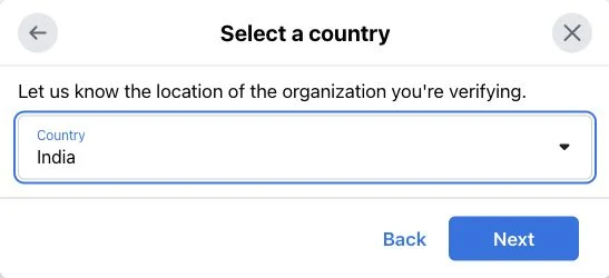 Meta’s Select a country screen with India shown in the Country field and Back and Next controls.