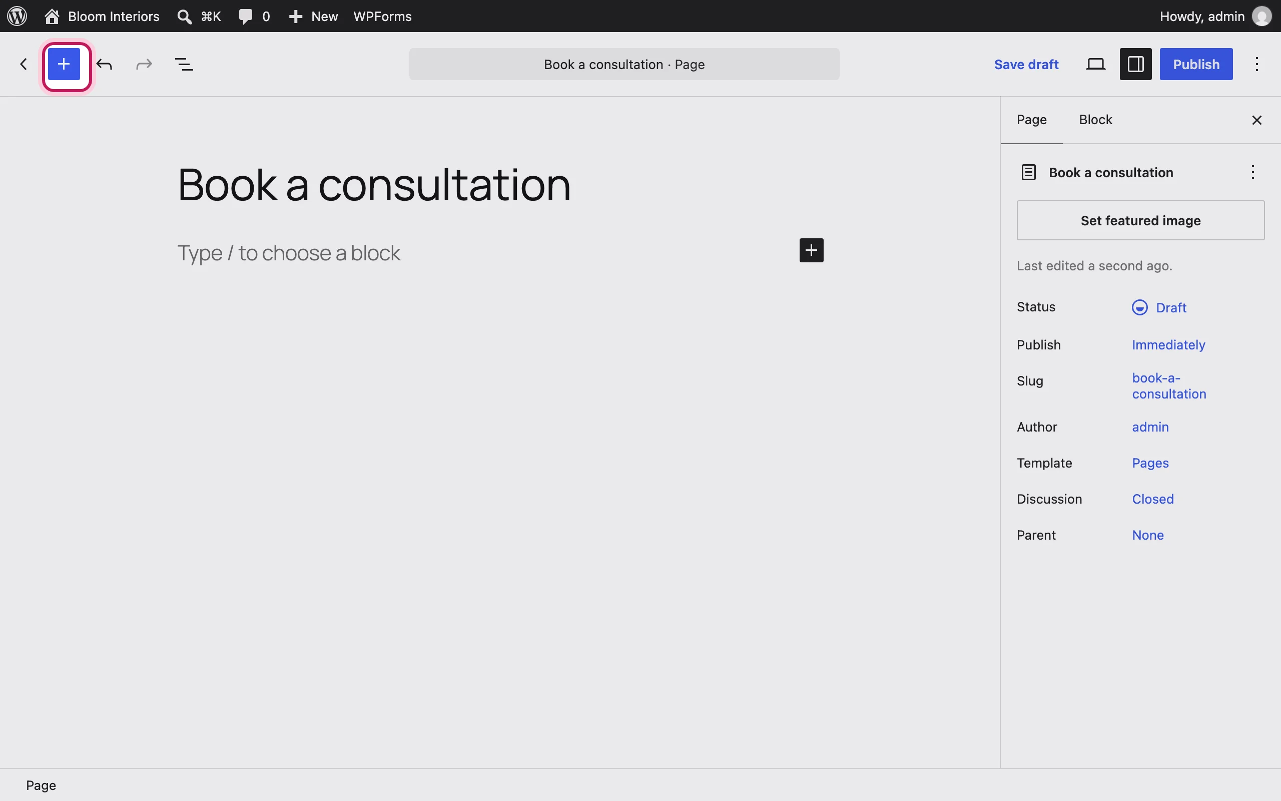 The WordPress block editor with the block inserter button highlighted