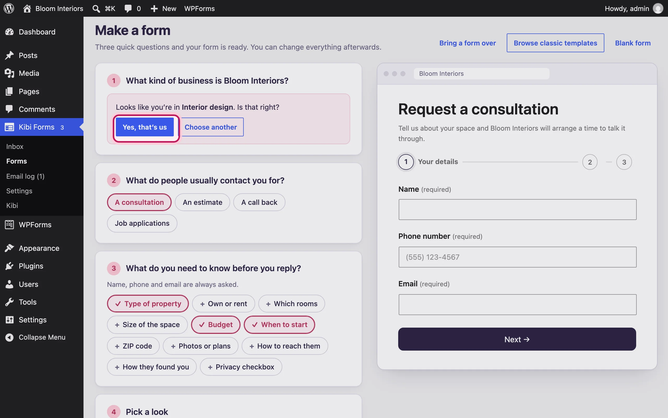 Step 1 of the form wizard suggesting “Interior design”, with “Yes, that’s us” highlighted