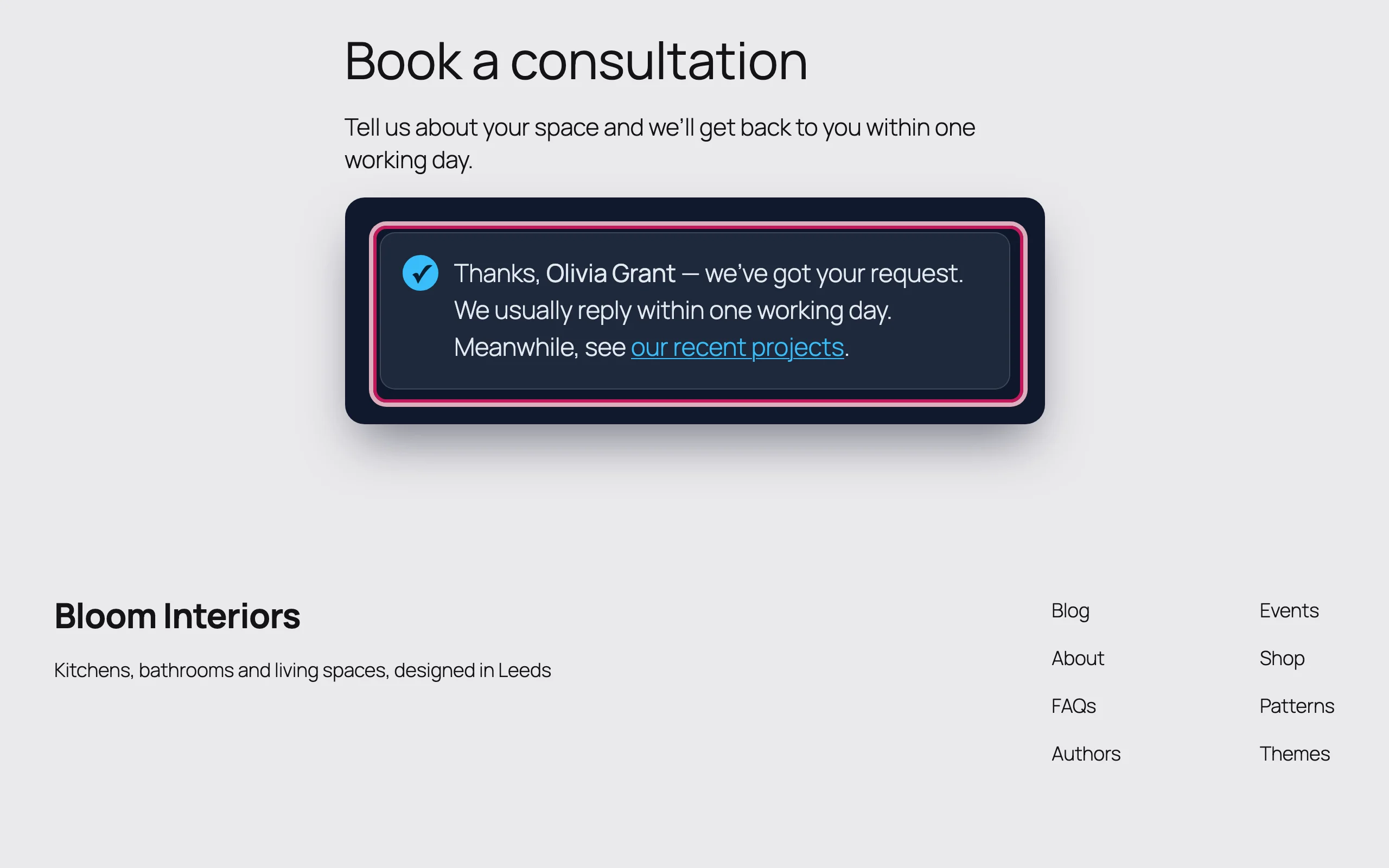 The thank-you message shown after sending the form