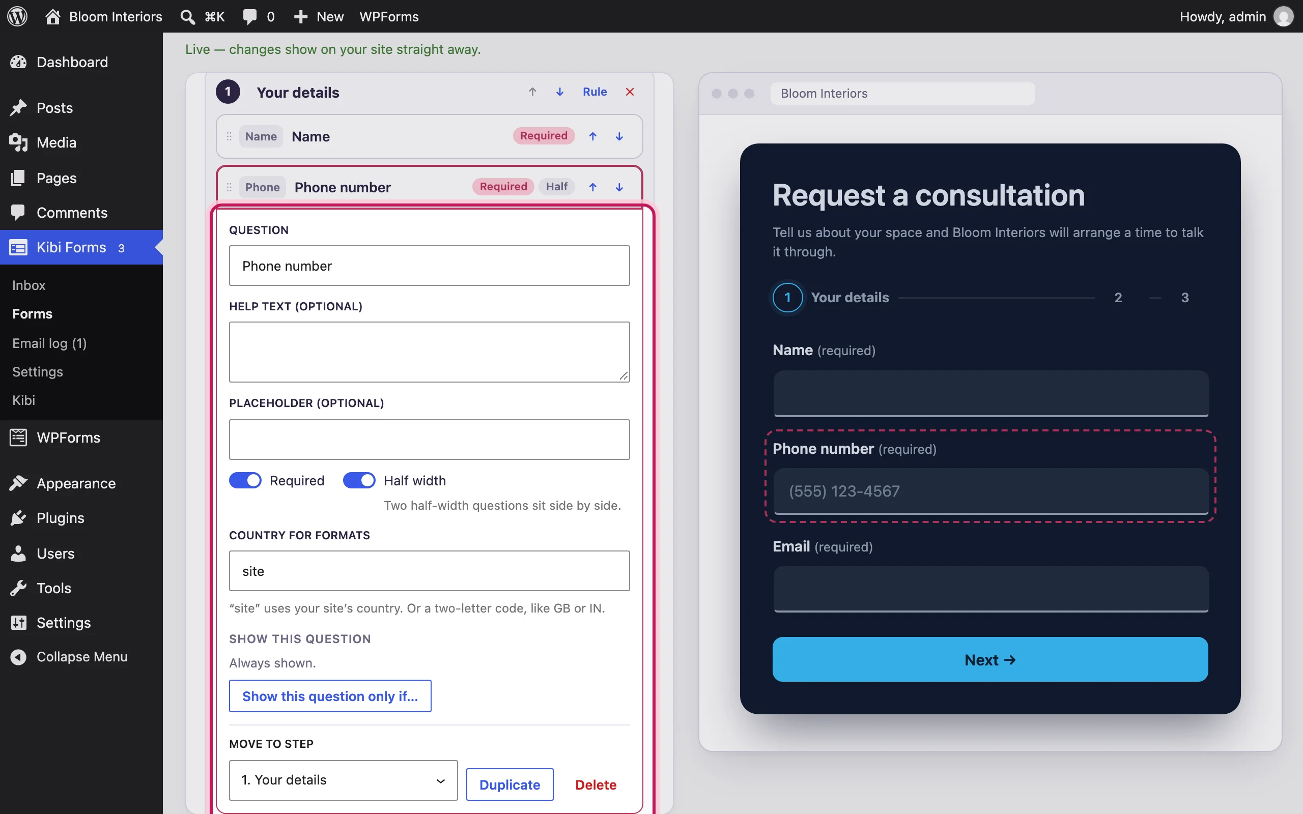 The question editor open for “Phone number”, next to the live preview