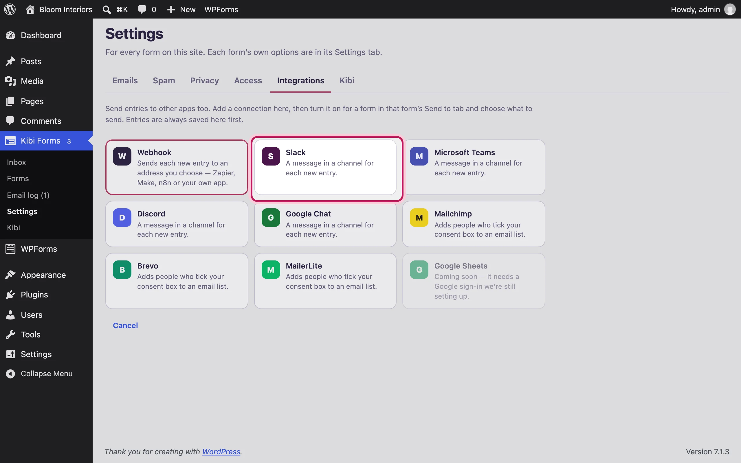 The list of services to connect, with Slack highlighted