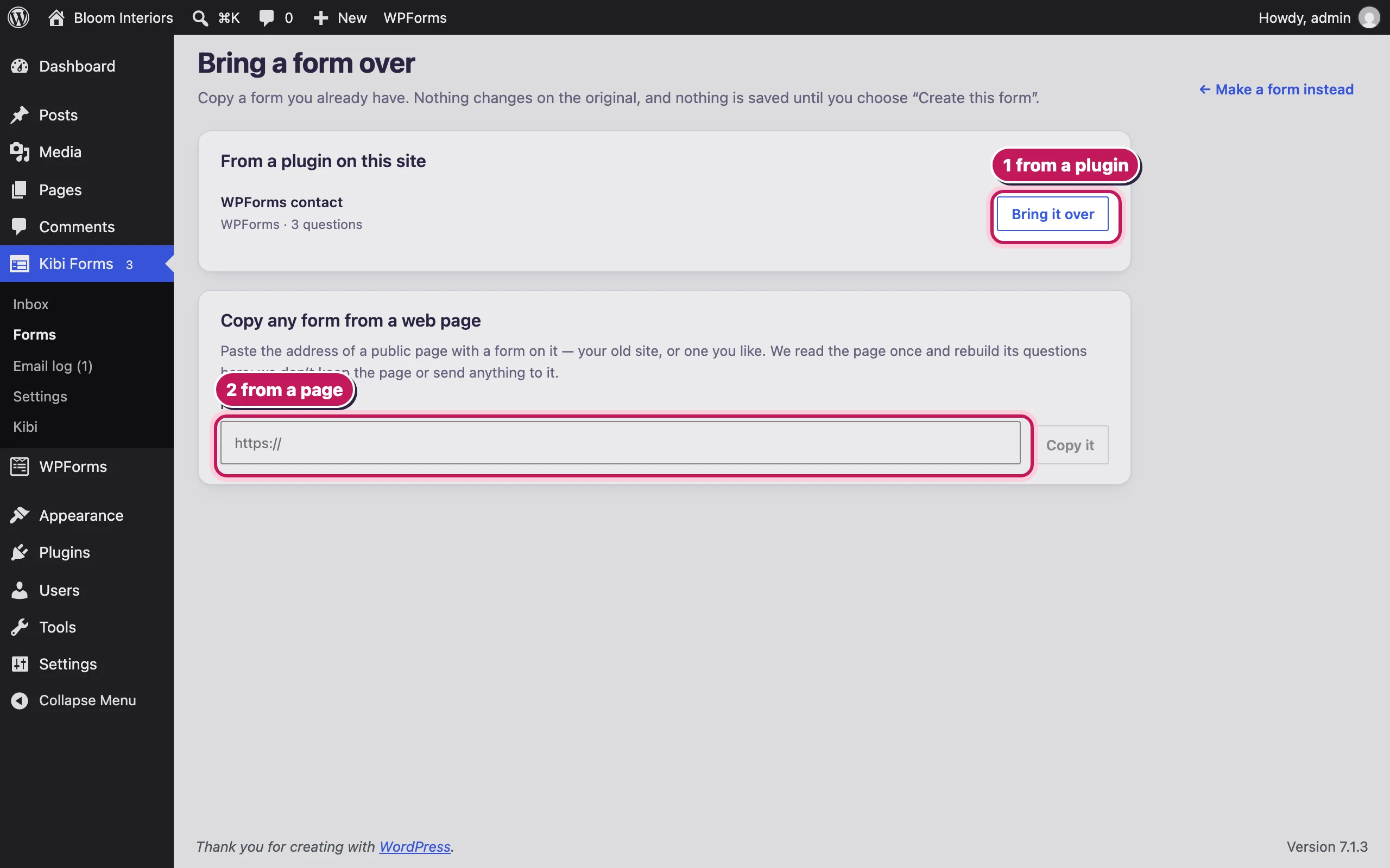 The import screen listing a WPForms form and the copy-from-a-web-page box