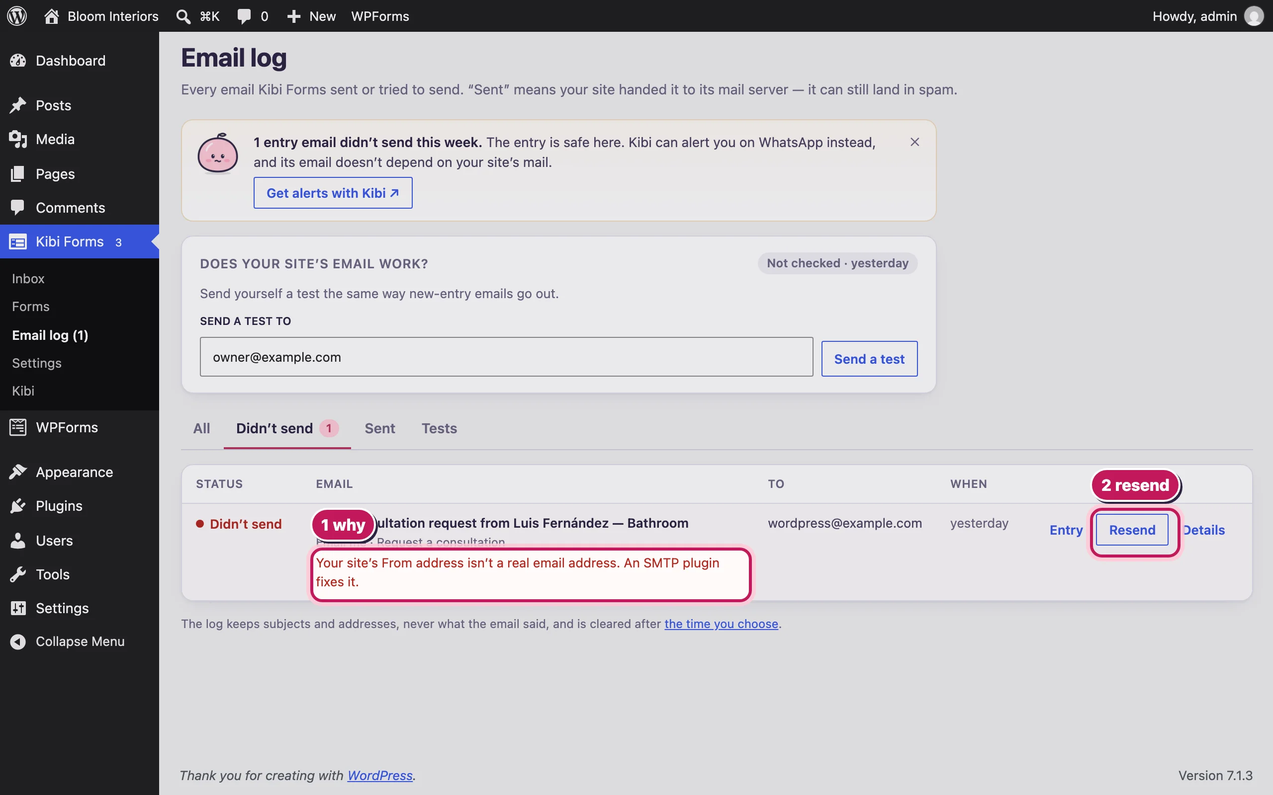 The Email log’s “Didn’t send” tab with the failed email, its reason and Resend