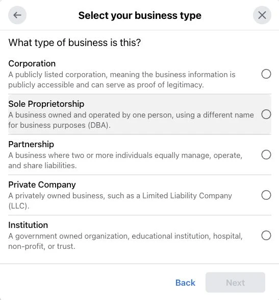 Meta’s Select your business type screen listing Corporation, Sole Proprietorship, Partnership, Private Company and Institution; no option is selected.