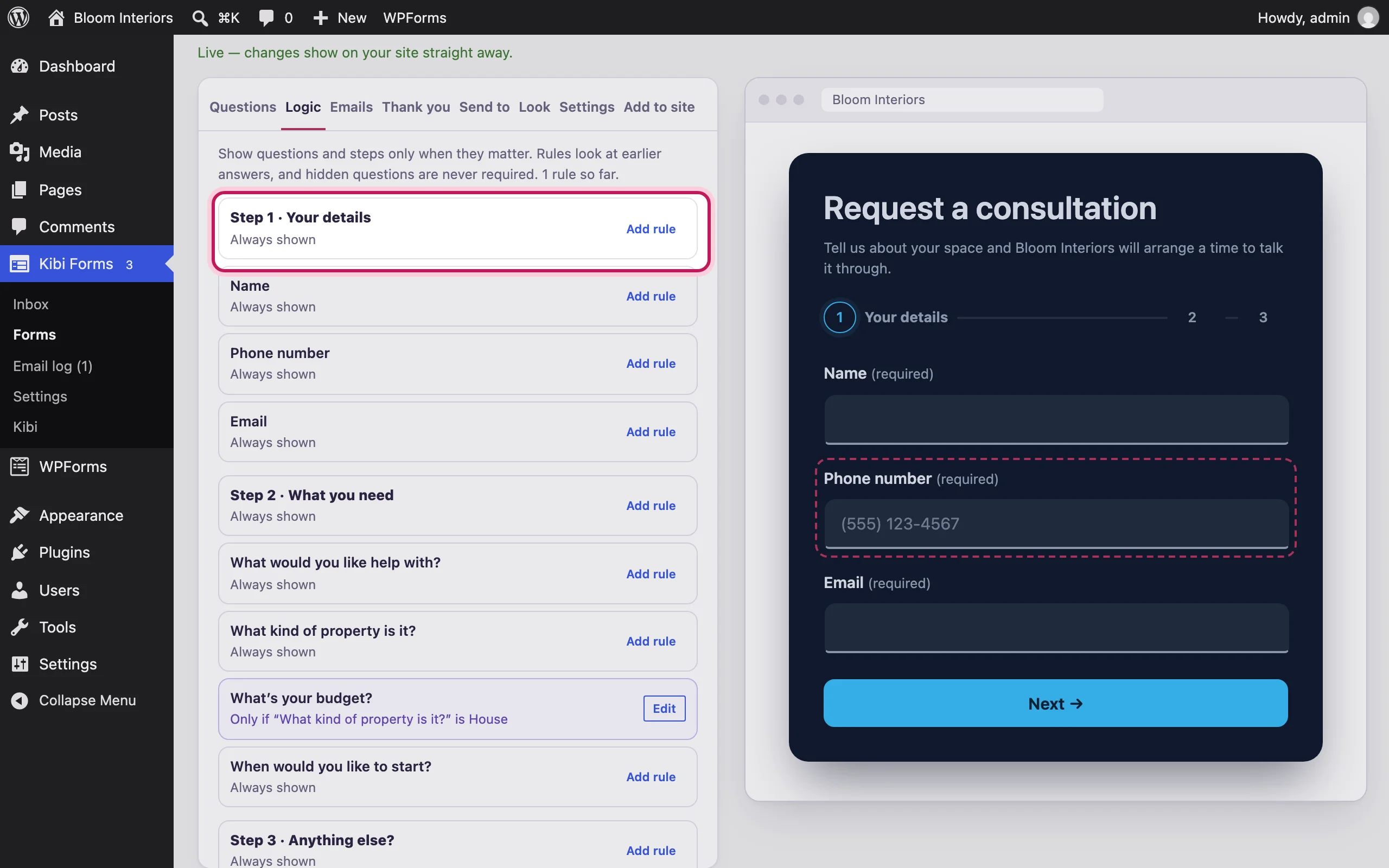 The Logic tab listing questions and steps with their rules