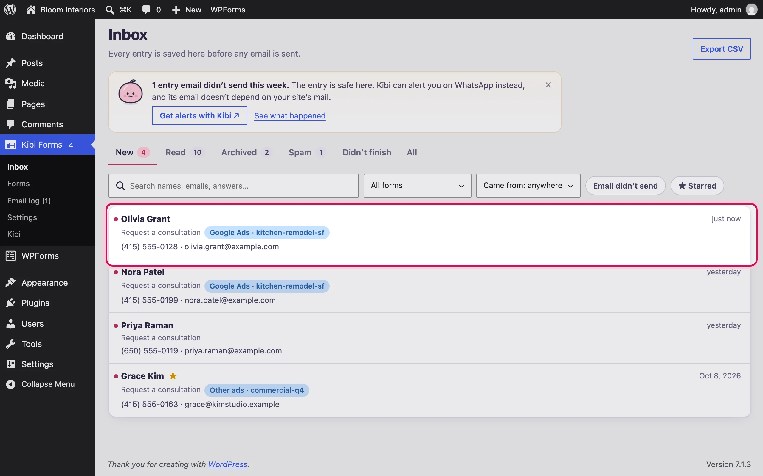 The Kibi Forms Inbox with the new entry from Olivia Grant and its Google Ads tag highlighted