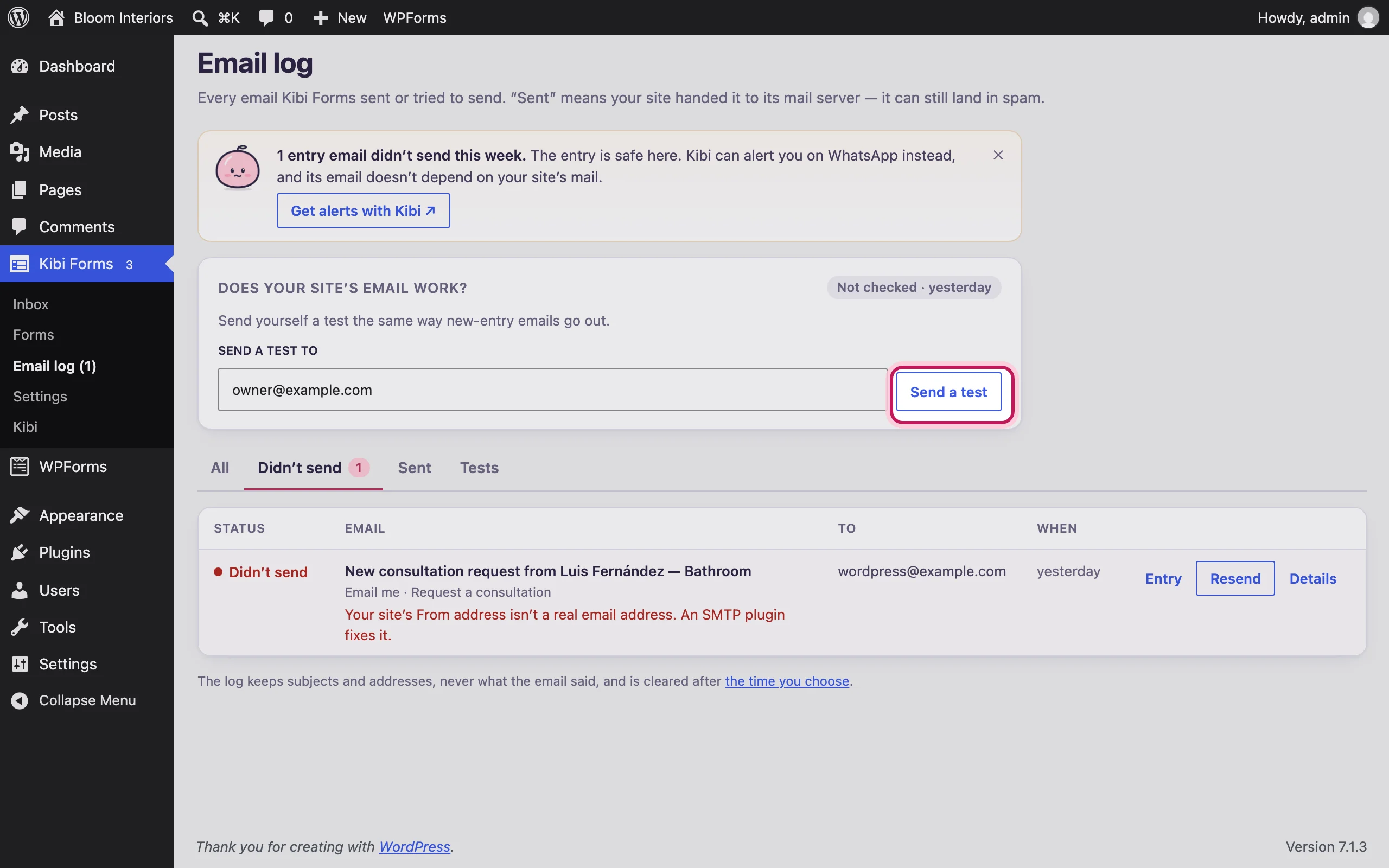 The “Does your site’s email work?” card with the Send a test button