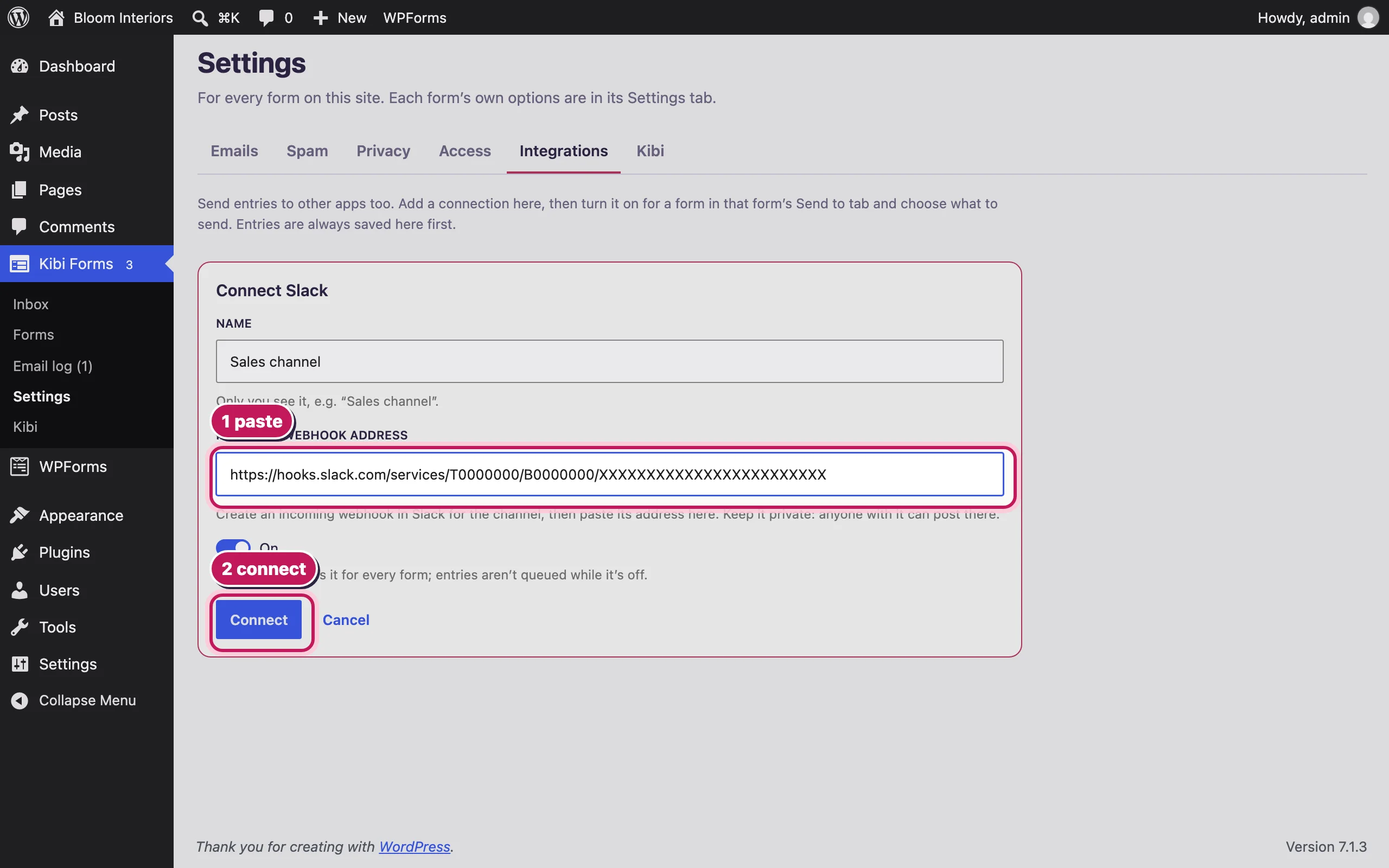 The Slack connection form with a name and webhook address filled in