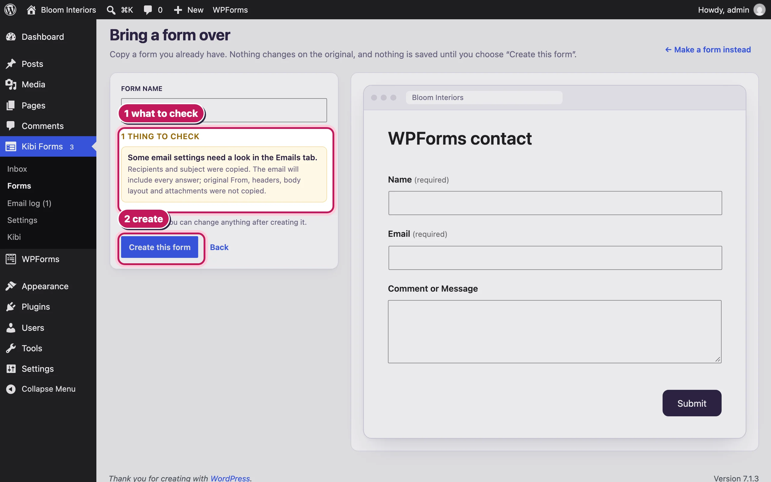 The import review: notes on what to check, the preview and the Create this form button