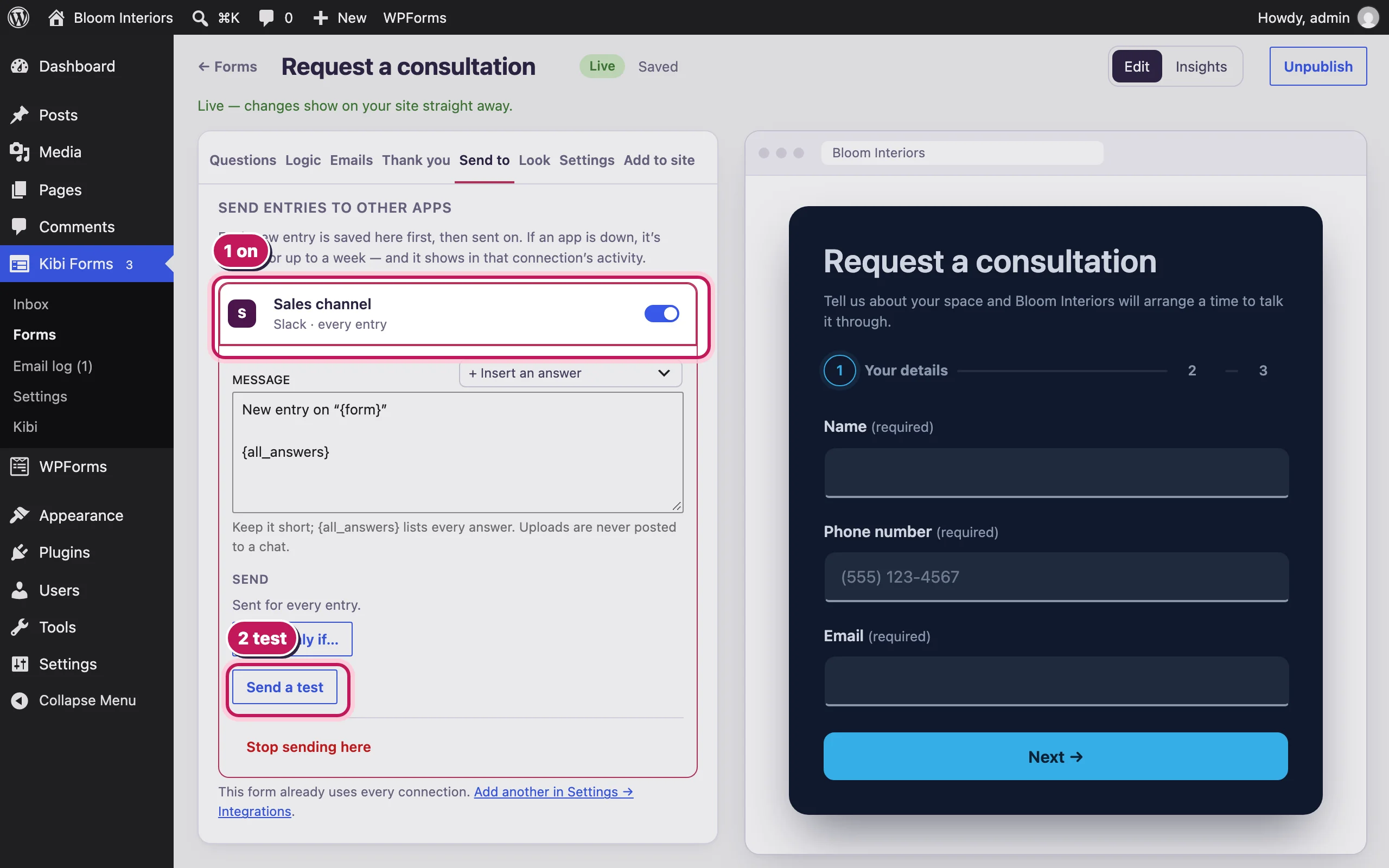 The builder’s Send to tab with the Slack connection added and its message editor