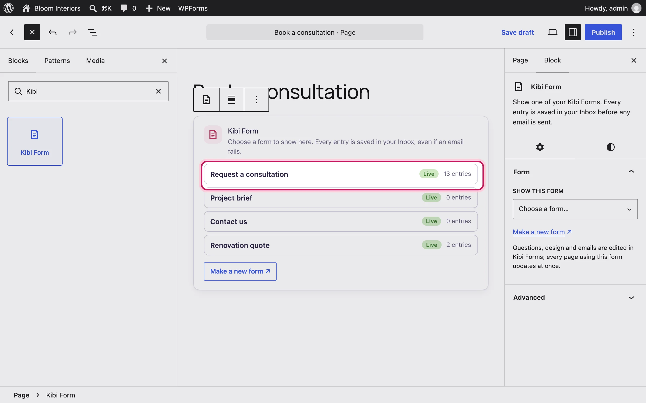 The Kibi Form block in the editor listing forms, with “Request a consultation” highlighted