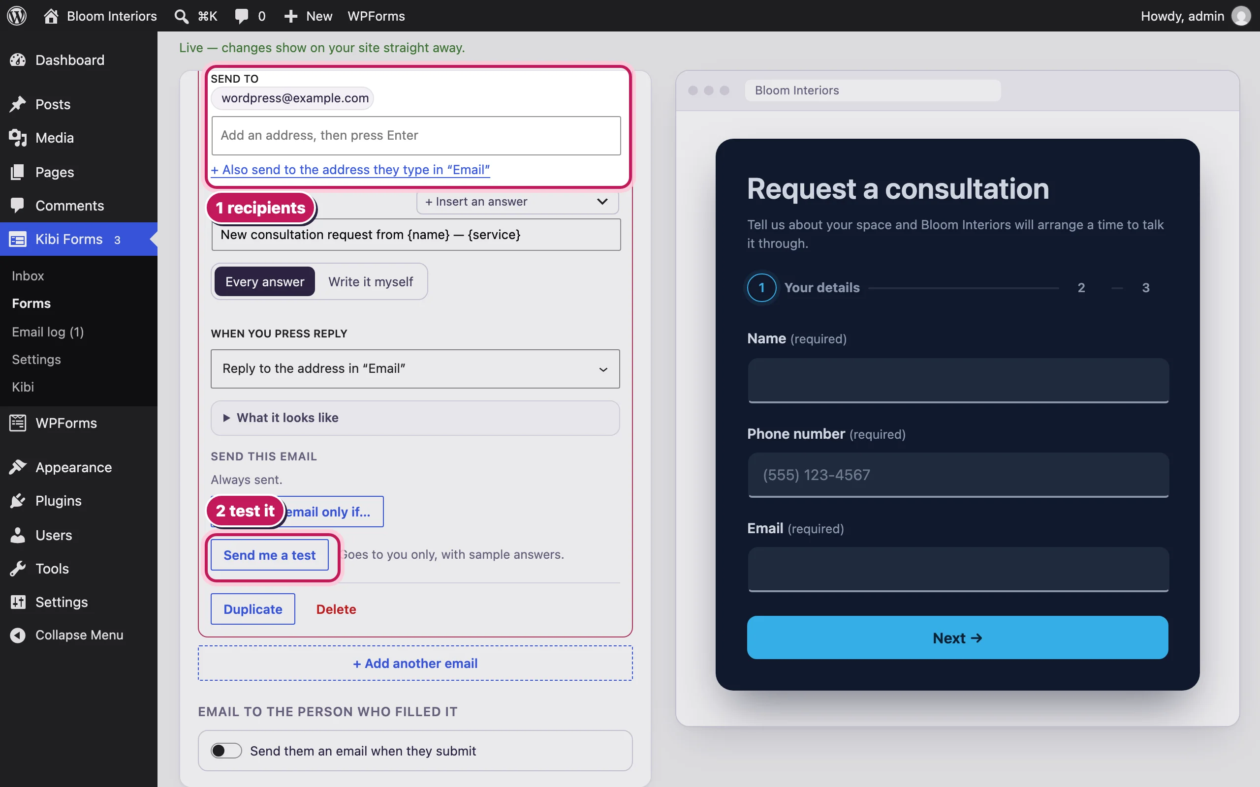 The Emails tab with a notification open: recipients, subject and message