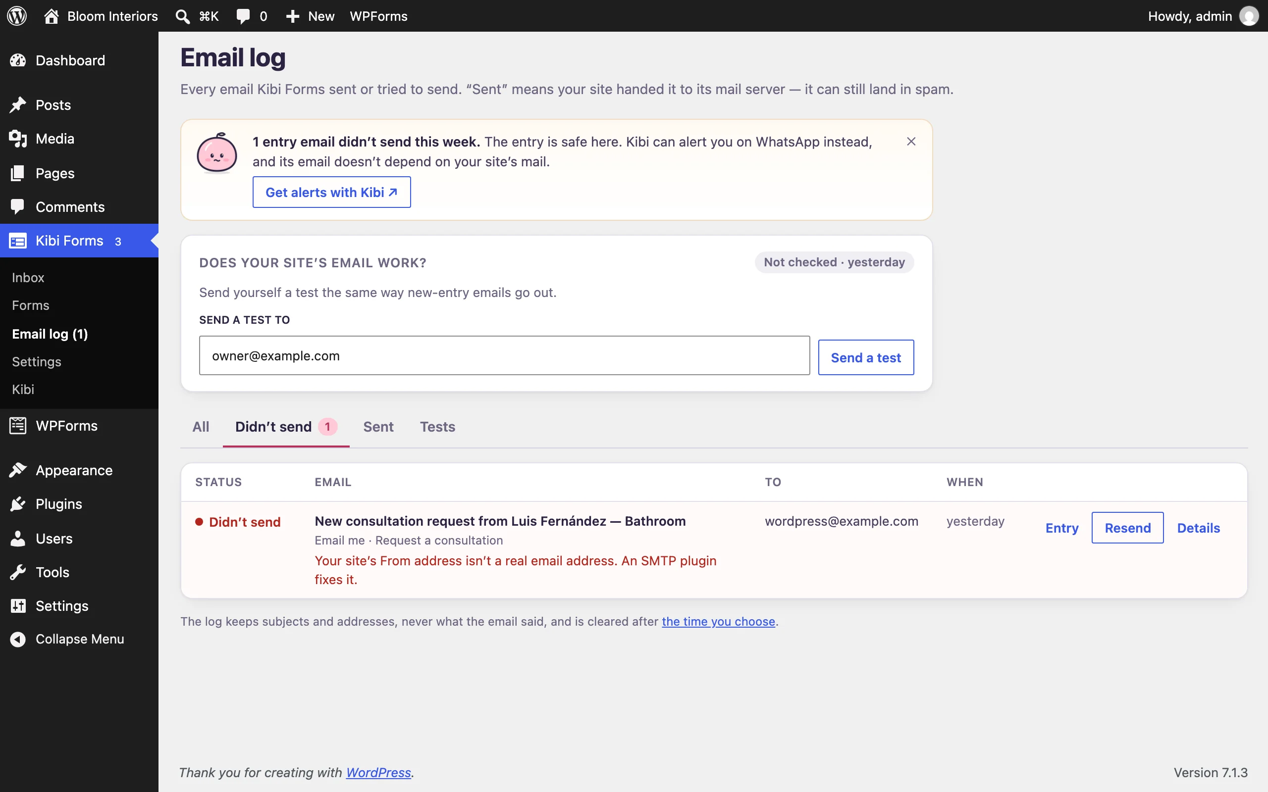 The Kibi Forms Email log showing a failed notification and its reported reason