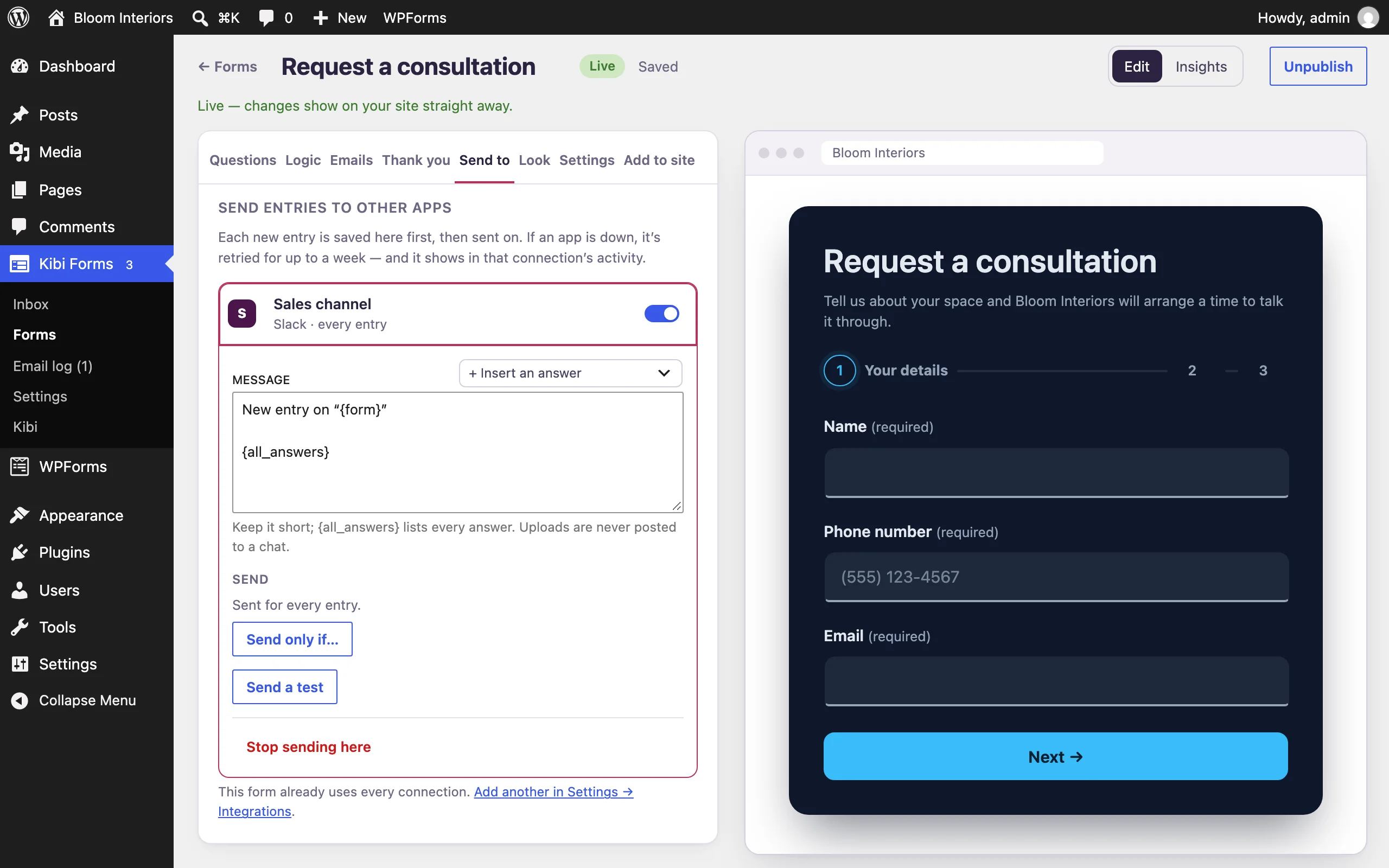 The Kibi Forms Send to tab with a Slack connection, message editor and conditional rule