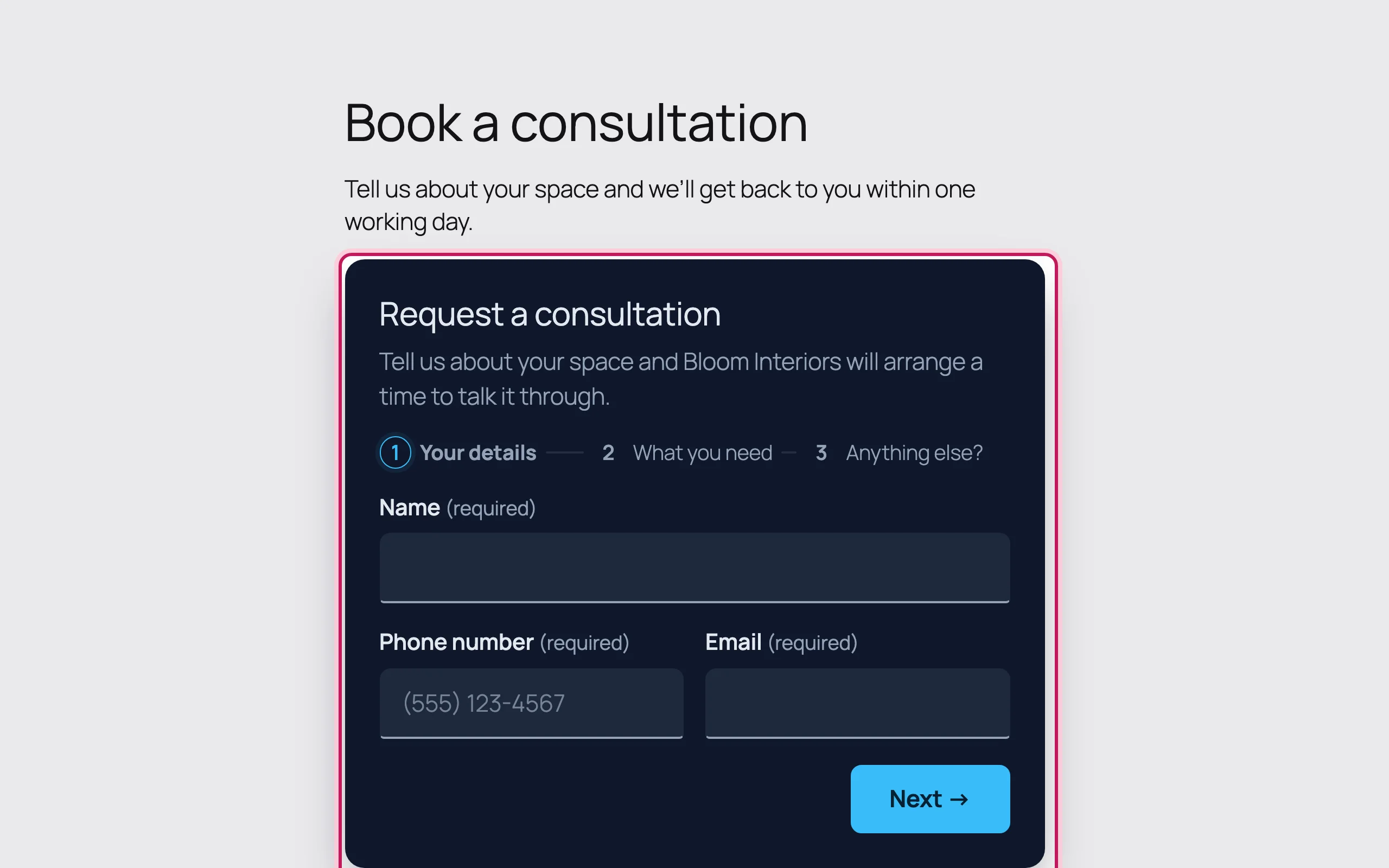 The published page on the site with the consultation form