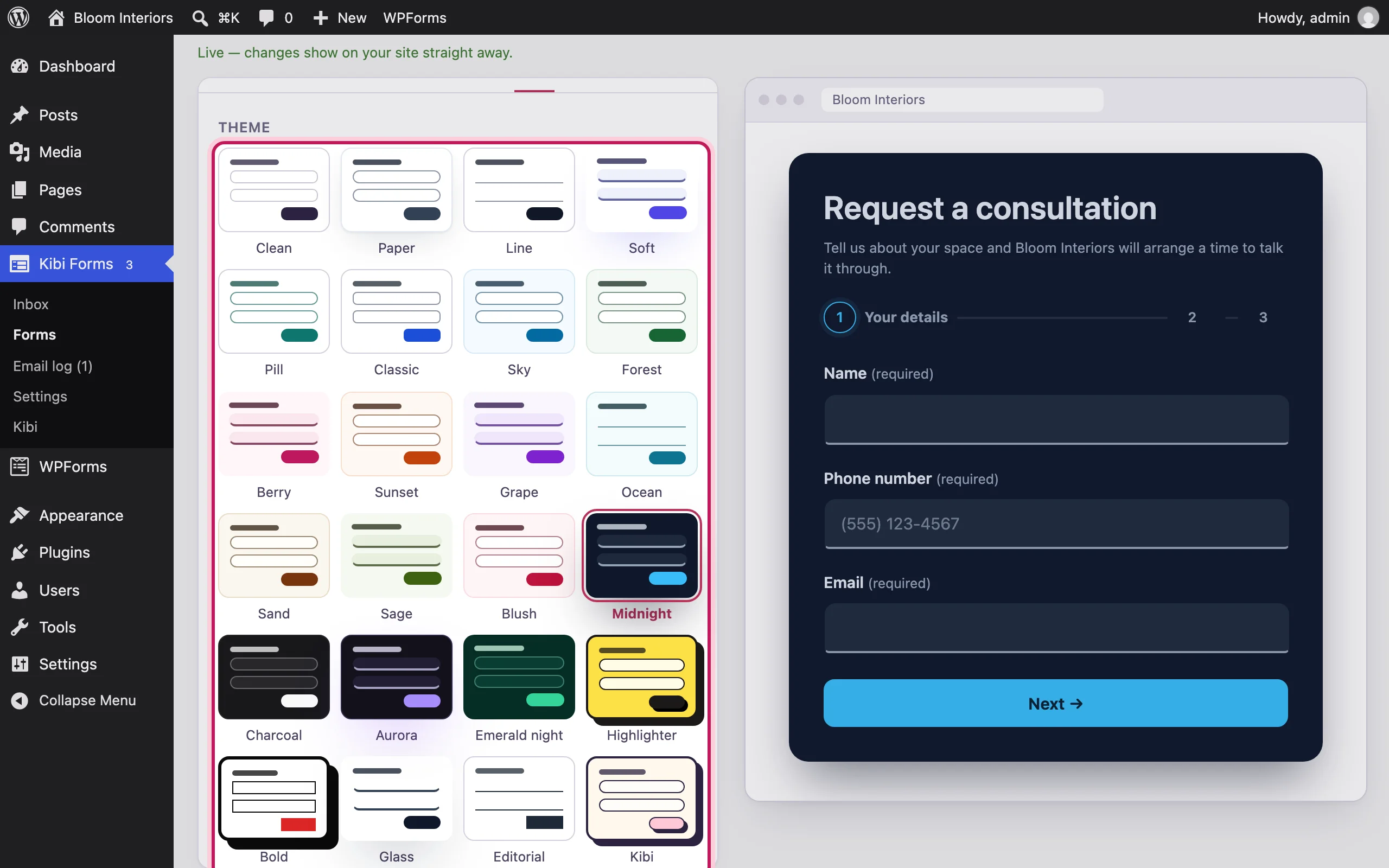 The Look tab with design swatches and colour options