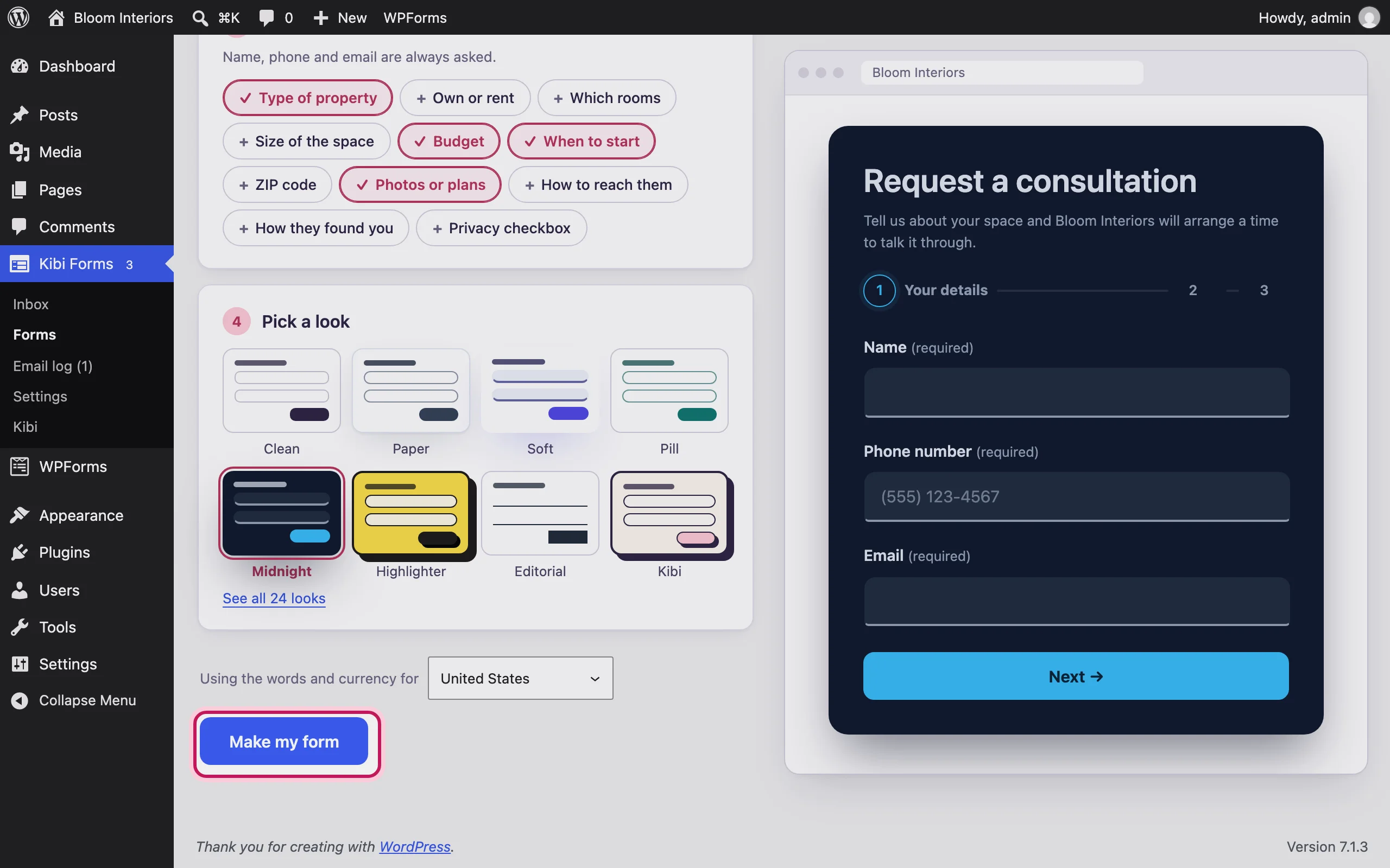 The “Make my form” button highlighted at the end of the wizard