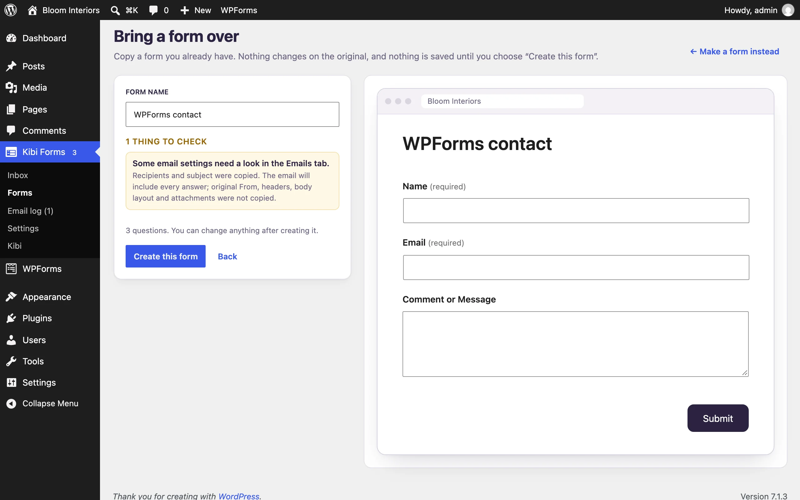 A proposed imported form in Kibi Forms ready for review before creation