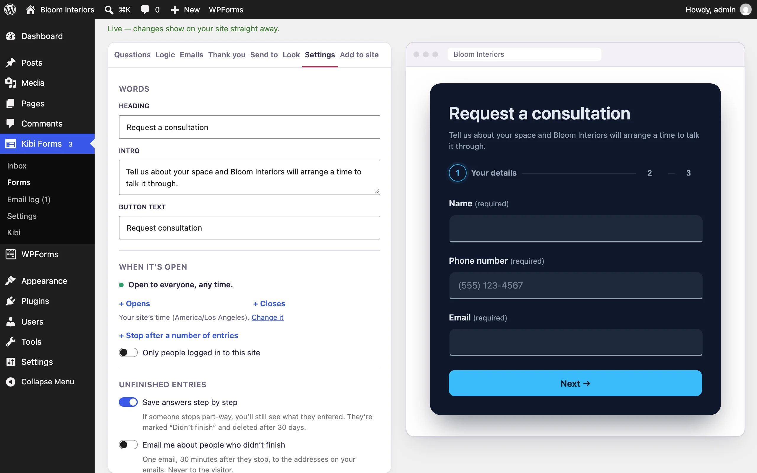 The Settings tab of the form with scheduling and spam options