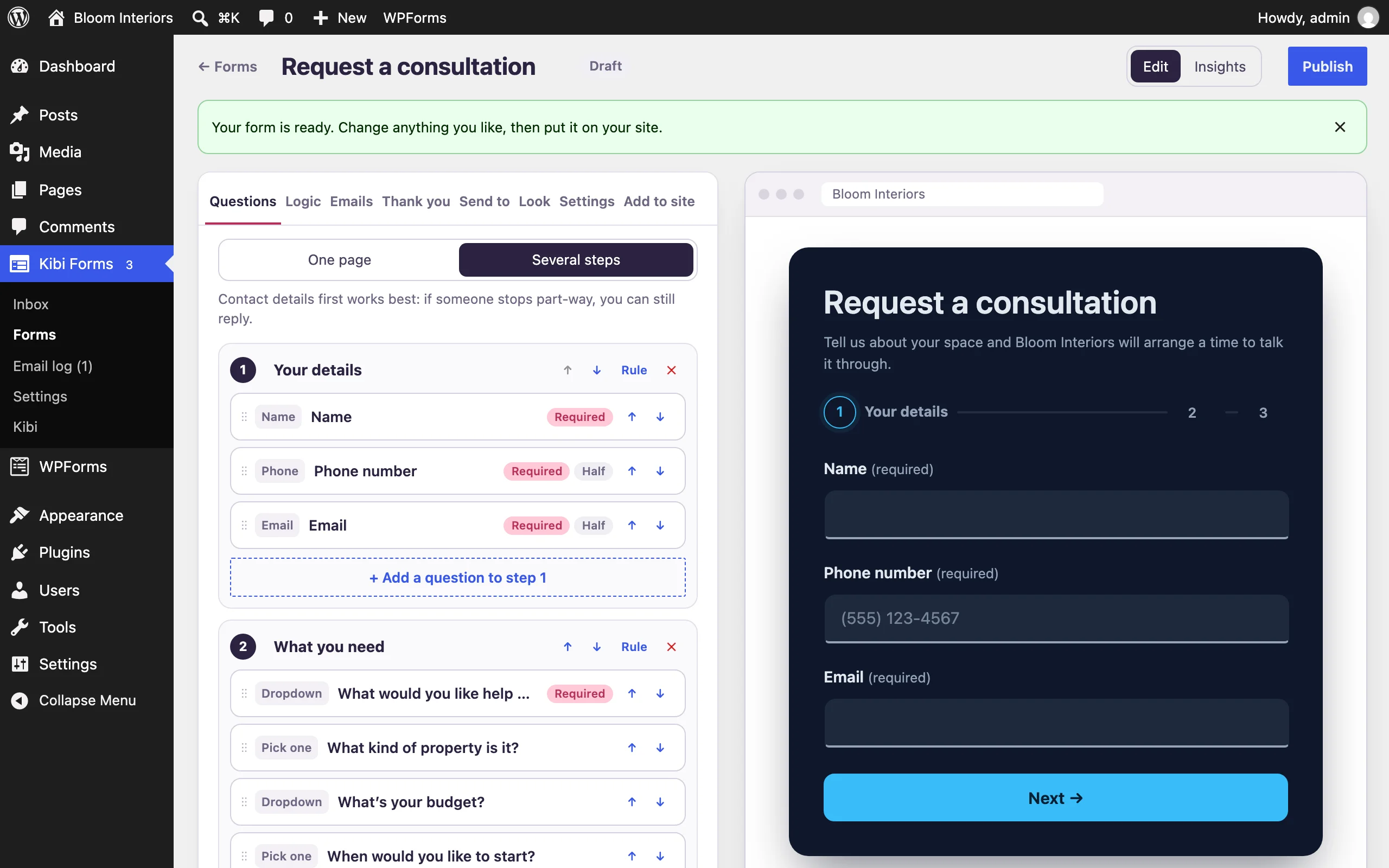 Kibi Forms builder with consultation questions and the live form preview