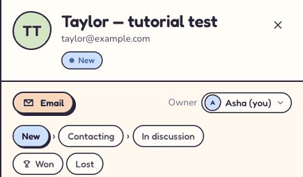 Taylor’s consultation enquiry in Kibi CRM, showing the fictional contact address and Asha as owner.