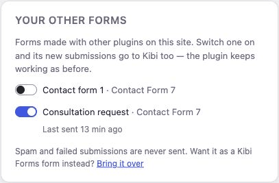 The Consultation request Contact Form 7 form enabled under Your other forms in Kibi Forms.