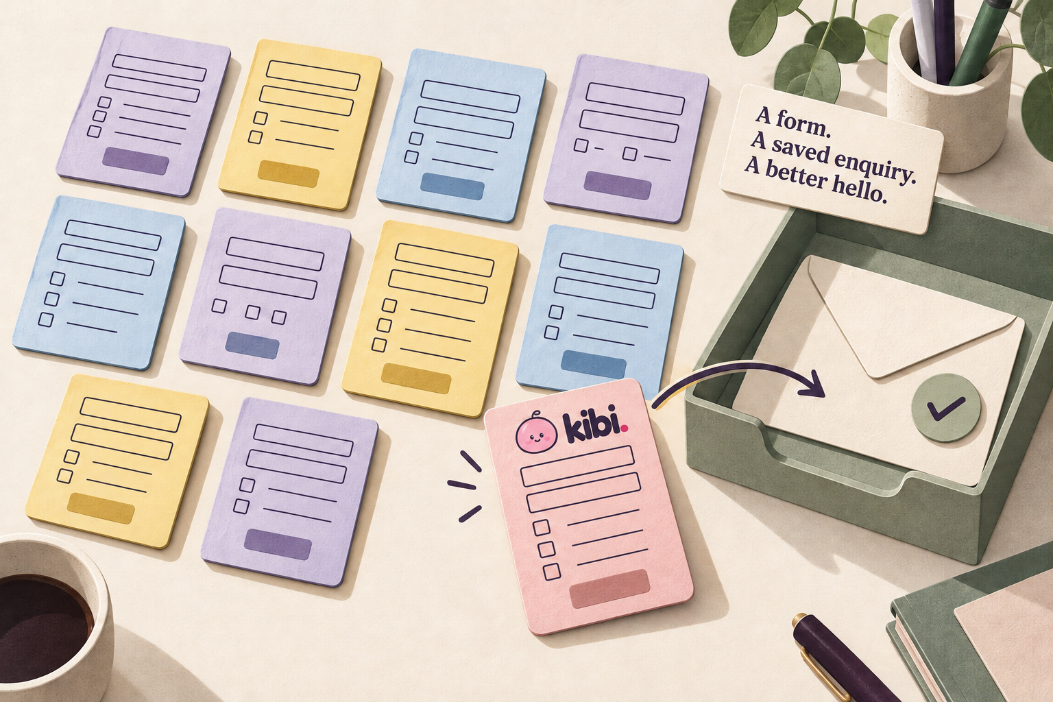 Kibi-branded form card leads into a saved-enquiry inbox: a form, a saved enquiry, a better hello