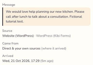 The saved kitchen consultation message in Kibi with Website (WordPress) as its source and the arrival time.