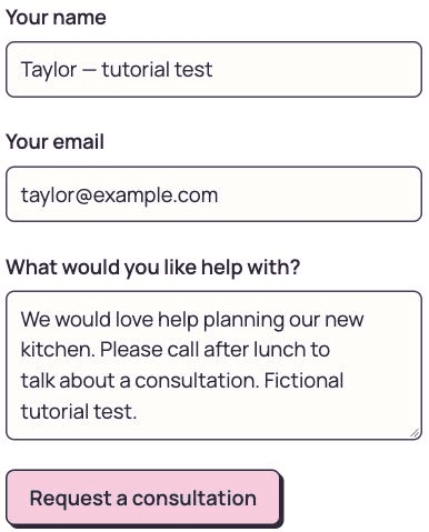 Bloom Interiors’ real Contact Form 7 consultation form filled with Taylor’s clearly labelled fictional test details.
