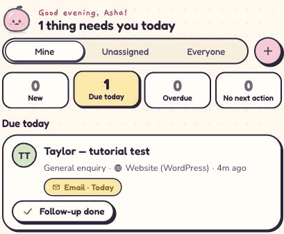Today in Kibi showing the planned email follow-up for Taylor’s consultation enquiry.