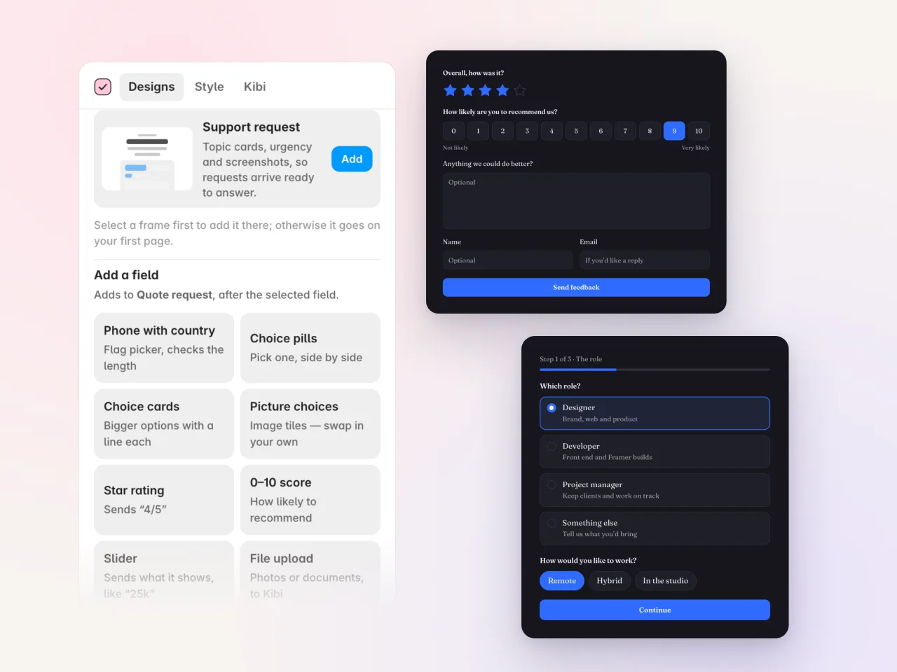 Kibi Forms field palette showing phone, choices, ratings, slider and upload inputs