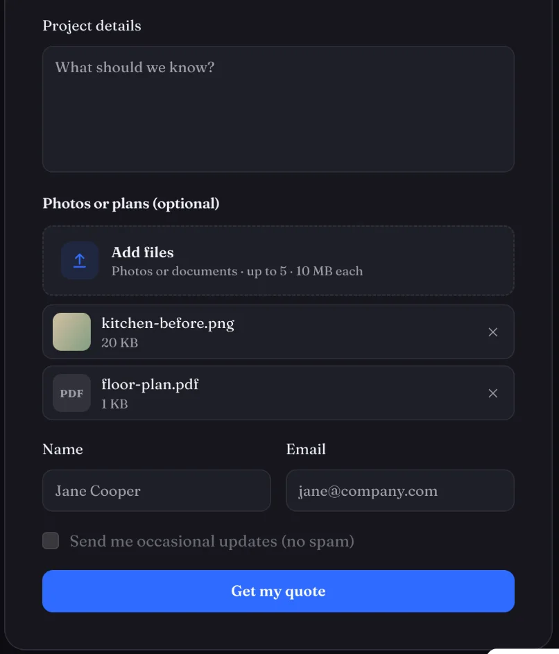 Framer form with a file upload question and selected attachments