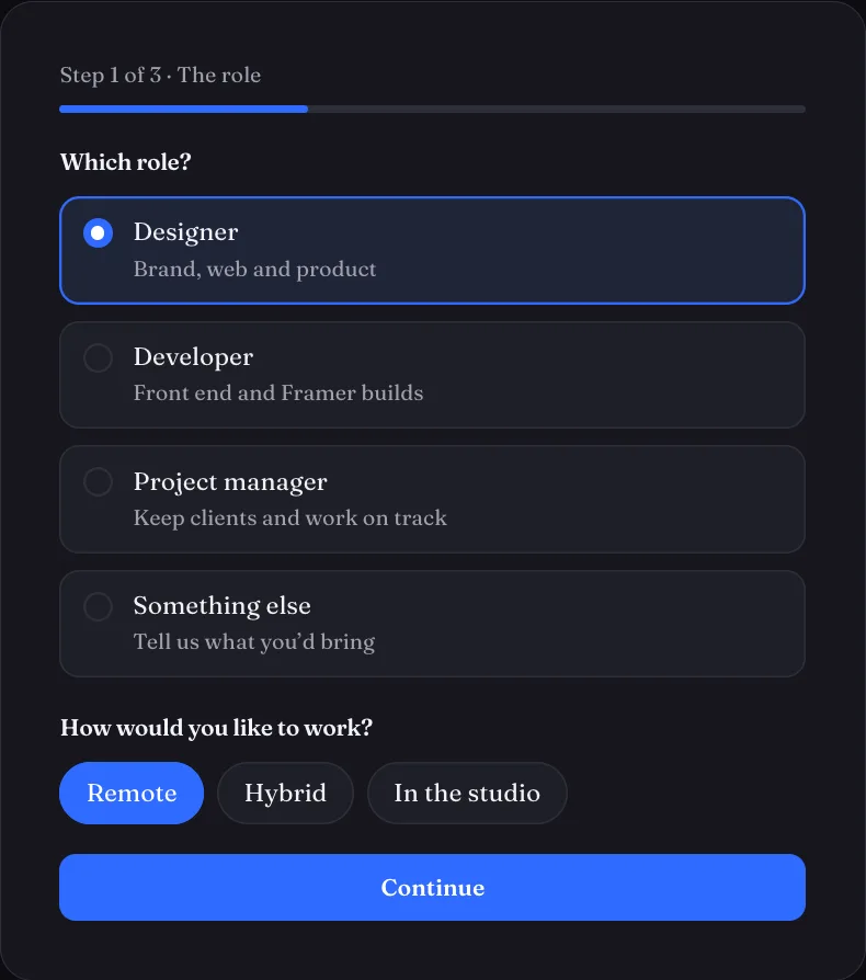Published multi-step Framer form with progress and navigation