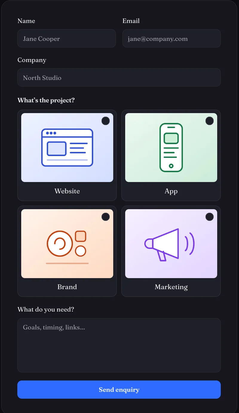 Published Framer enquiry form with picture choices