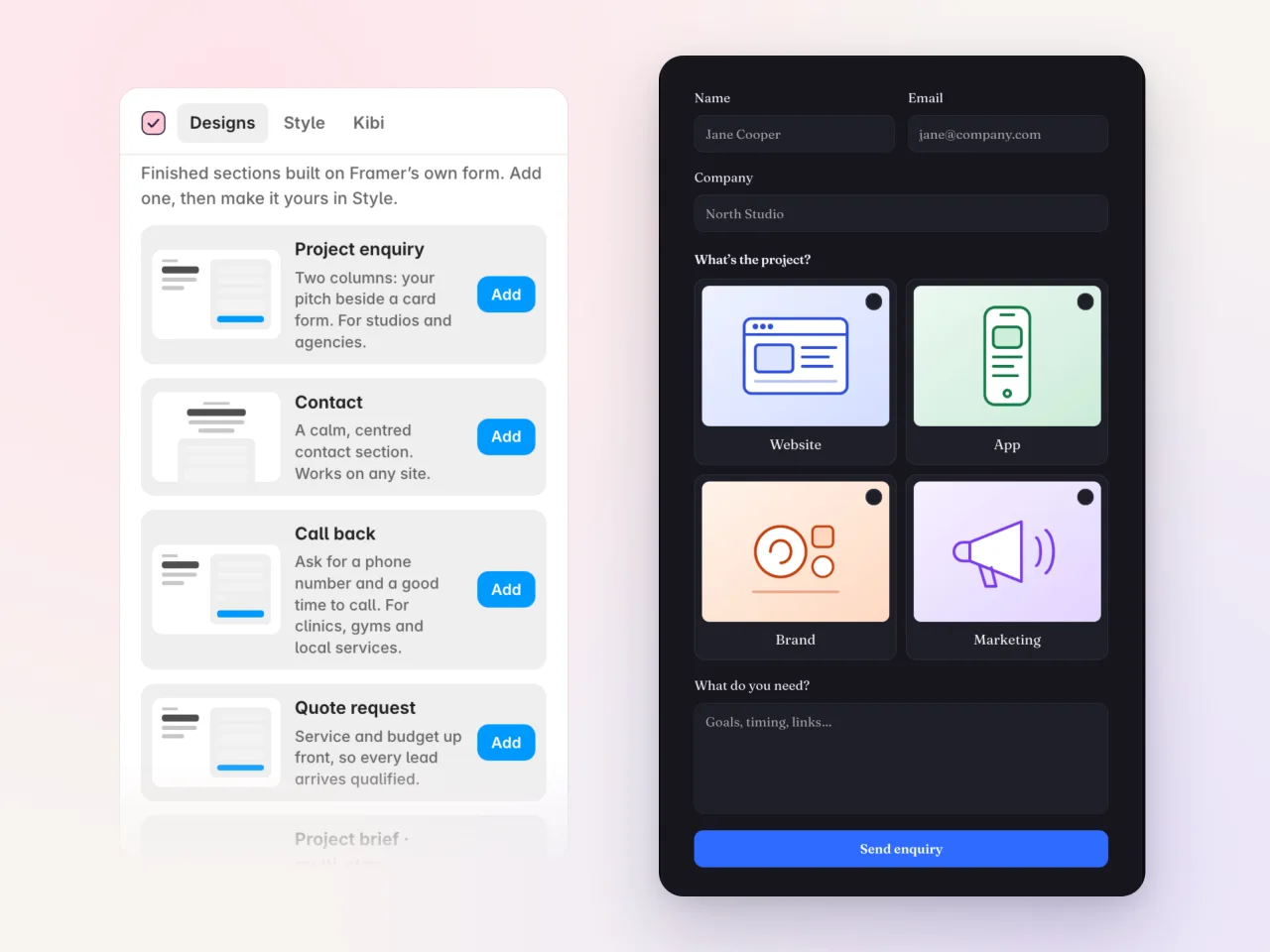 Kibi Forms Designs tab beside a published Framer form with picture choices
