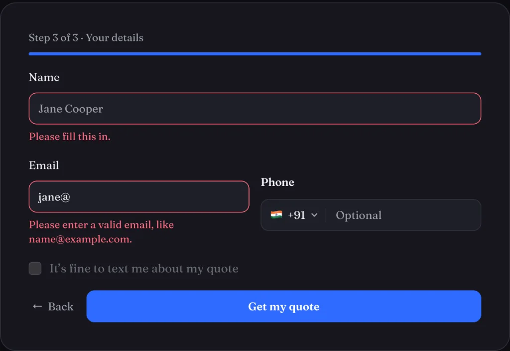 Framer form showing inline validation messages below fields