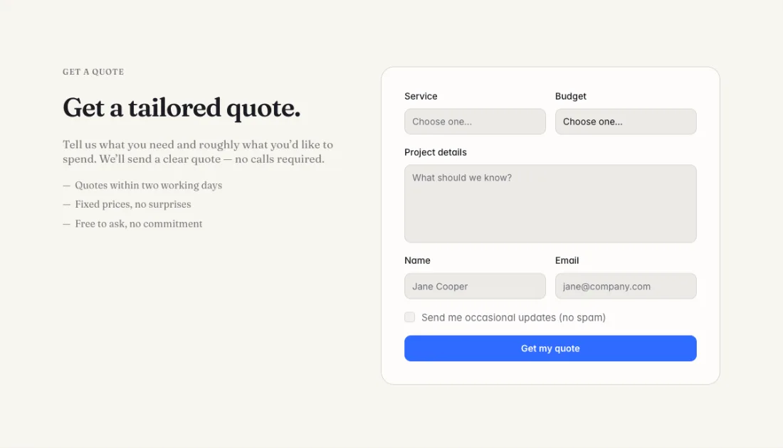 Light-theme Kibi quote request form in Framer