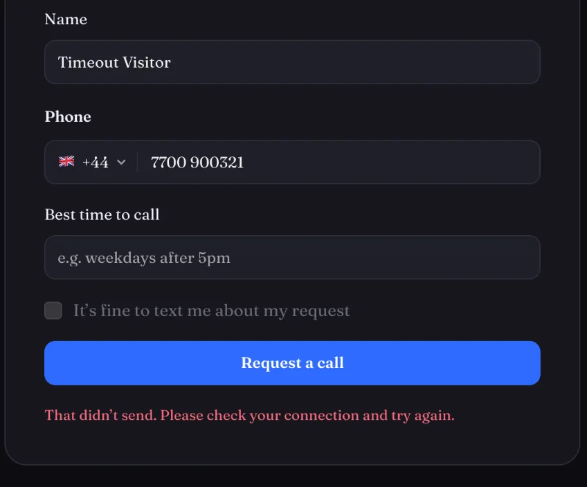 Framer form displaying a connection failure and retry message
