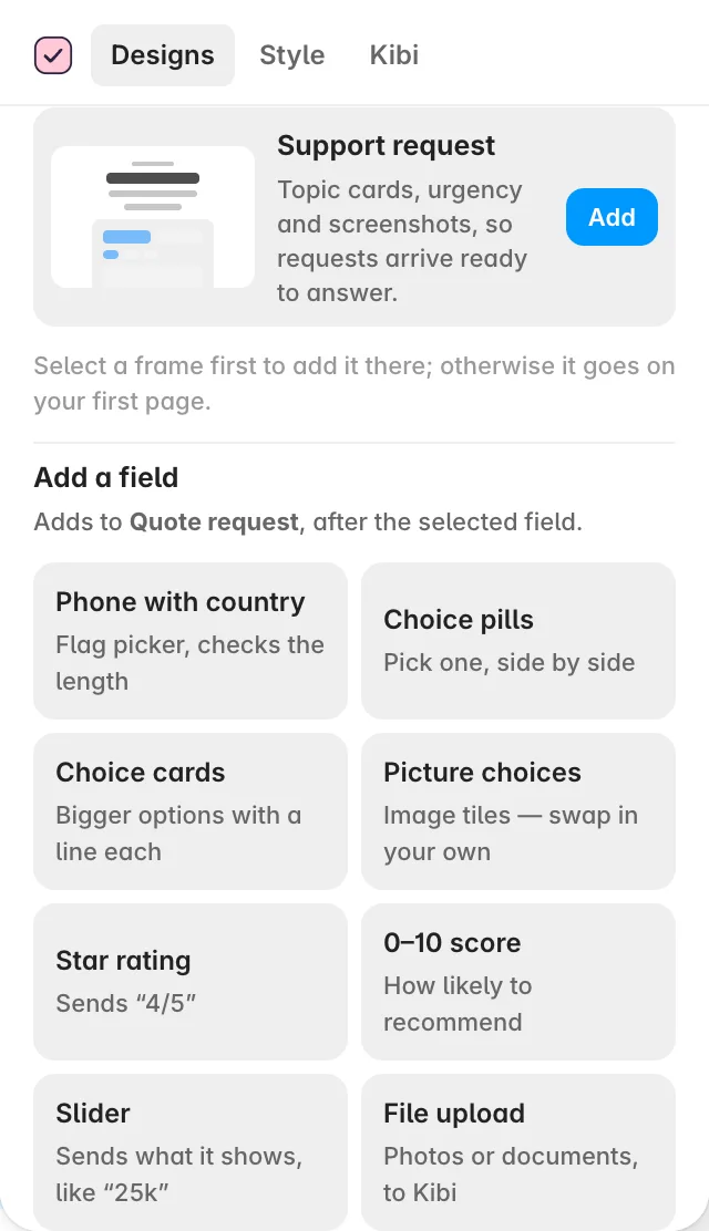 Kibi Forms Add a field palette in the Framer plugin