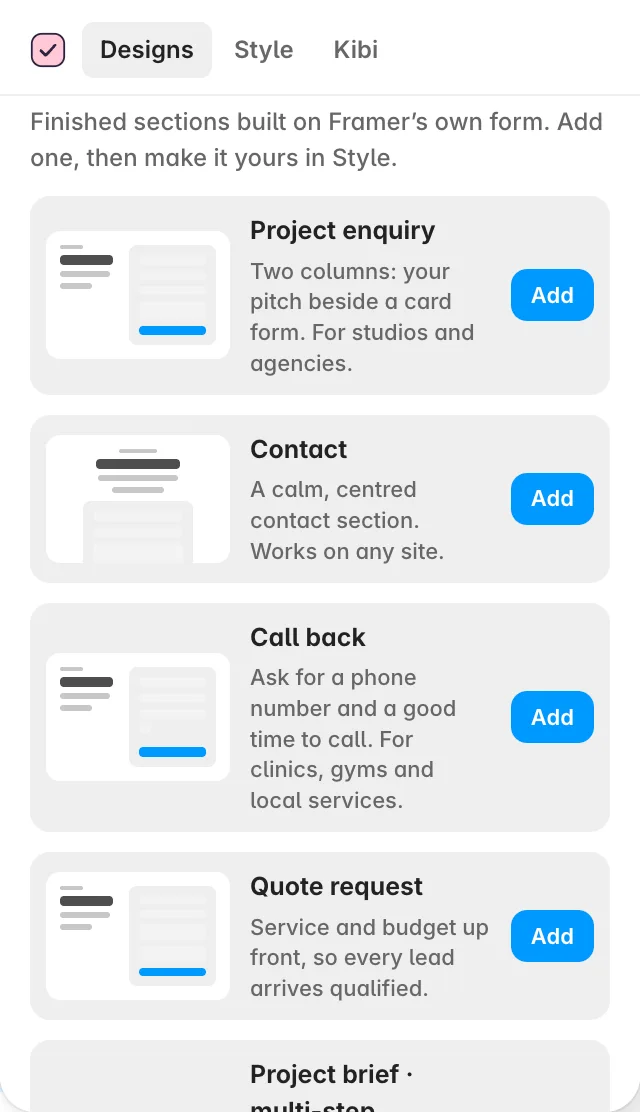 Kibi Forms Designs tab showing finished form sections in Framer