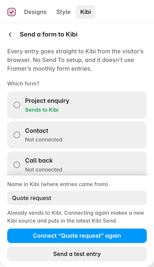Kibi plugin screen for selecting a Framer form to connect